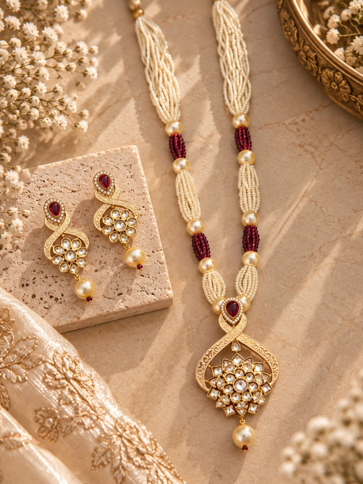 Pastel Kundan Pearl Floral Mala Set - Sky Blue, Pink, Cream