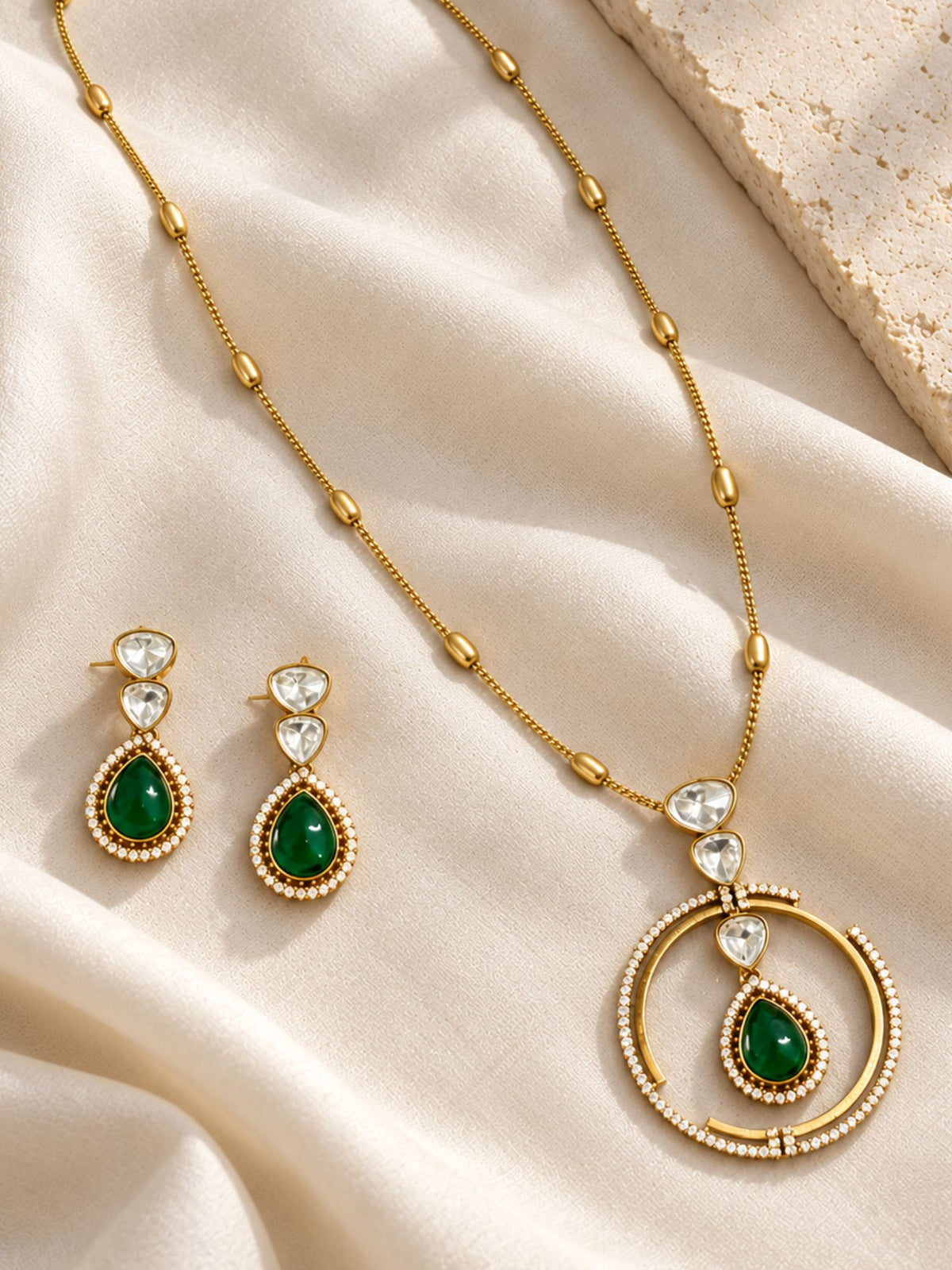 Gold Plated Kundan Green Stone Circular Pendant Necklace Set with Earrings for Women