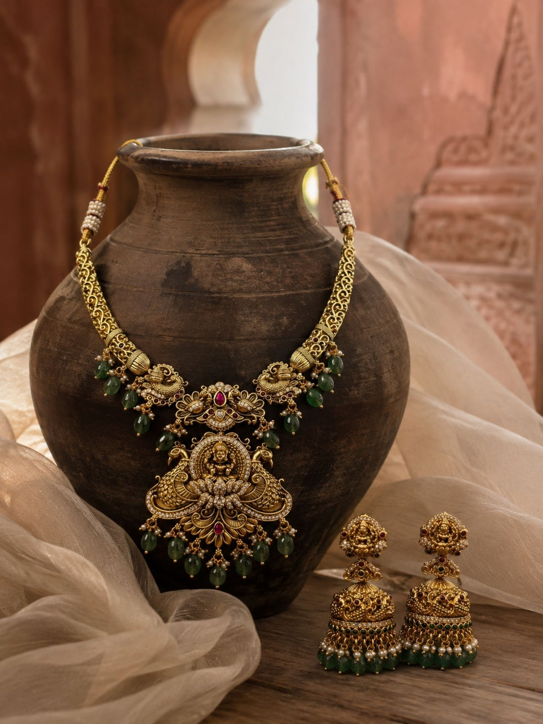 Abdesigns Temple Heritage Gold Necklace Set with Green Bead Drops