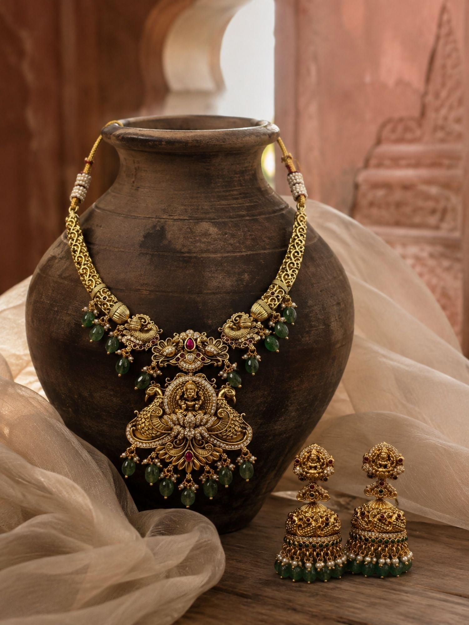 Abdesigns Temple Heritage Gold Necklace Set with Green Bead Drops