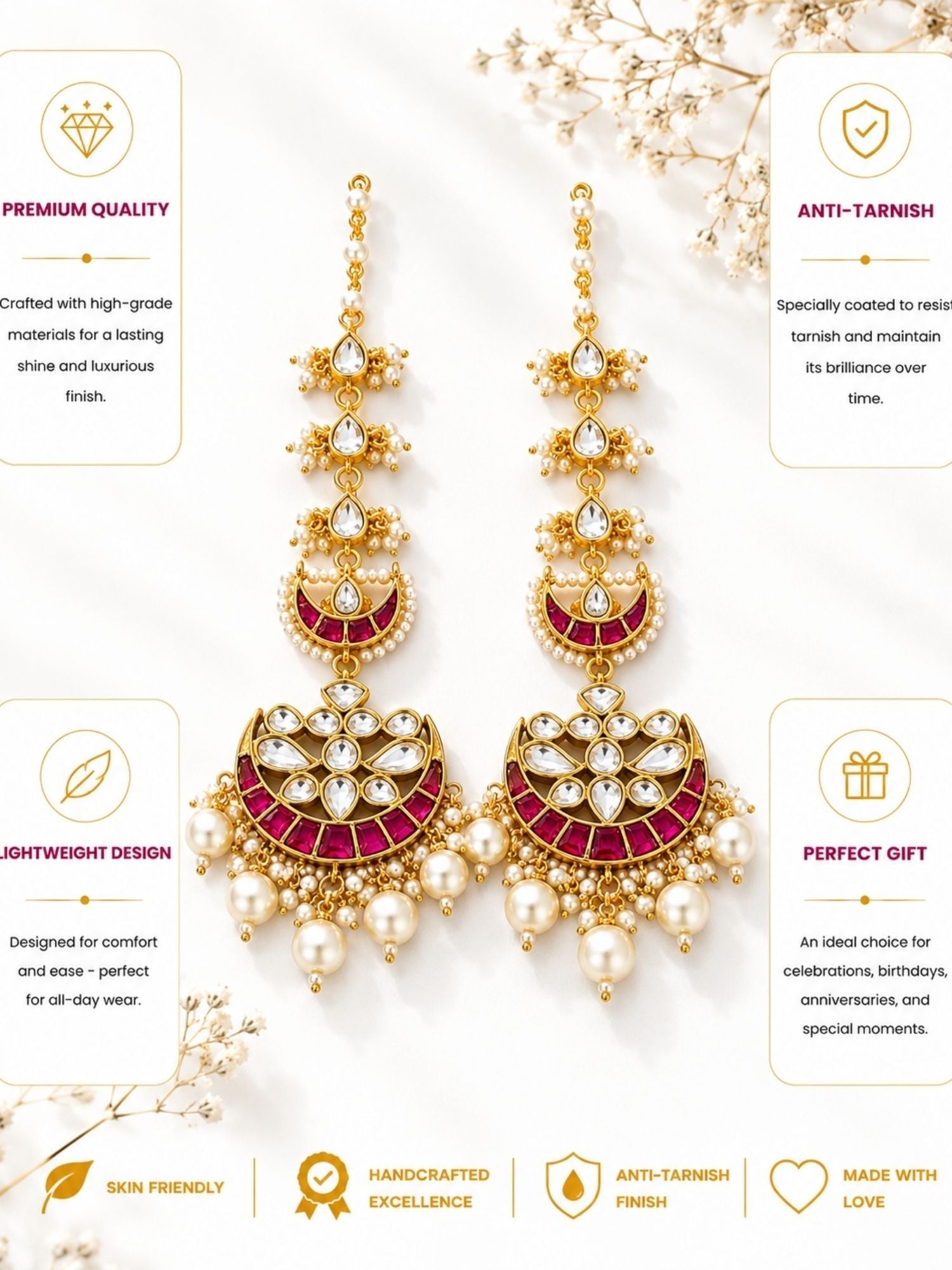 Kundan Ear Chain Earrings in Gold Plating – Festive | Abdesigns