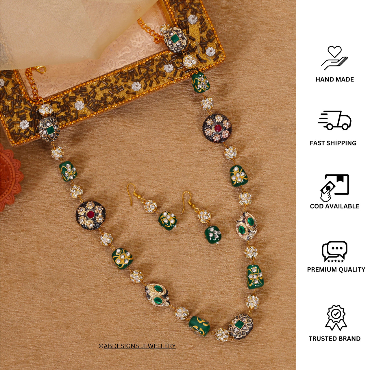 Golden Green Beads Pearls Stones Jaipuri Mala - Abdesignsjewellery