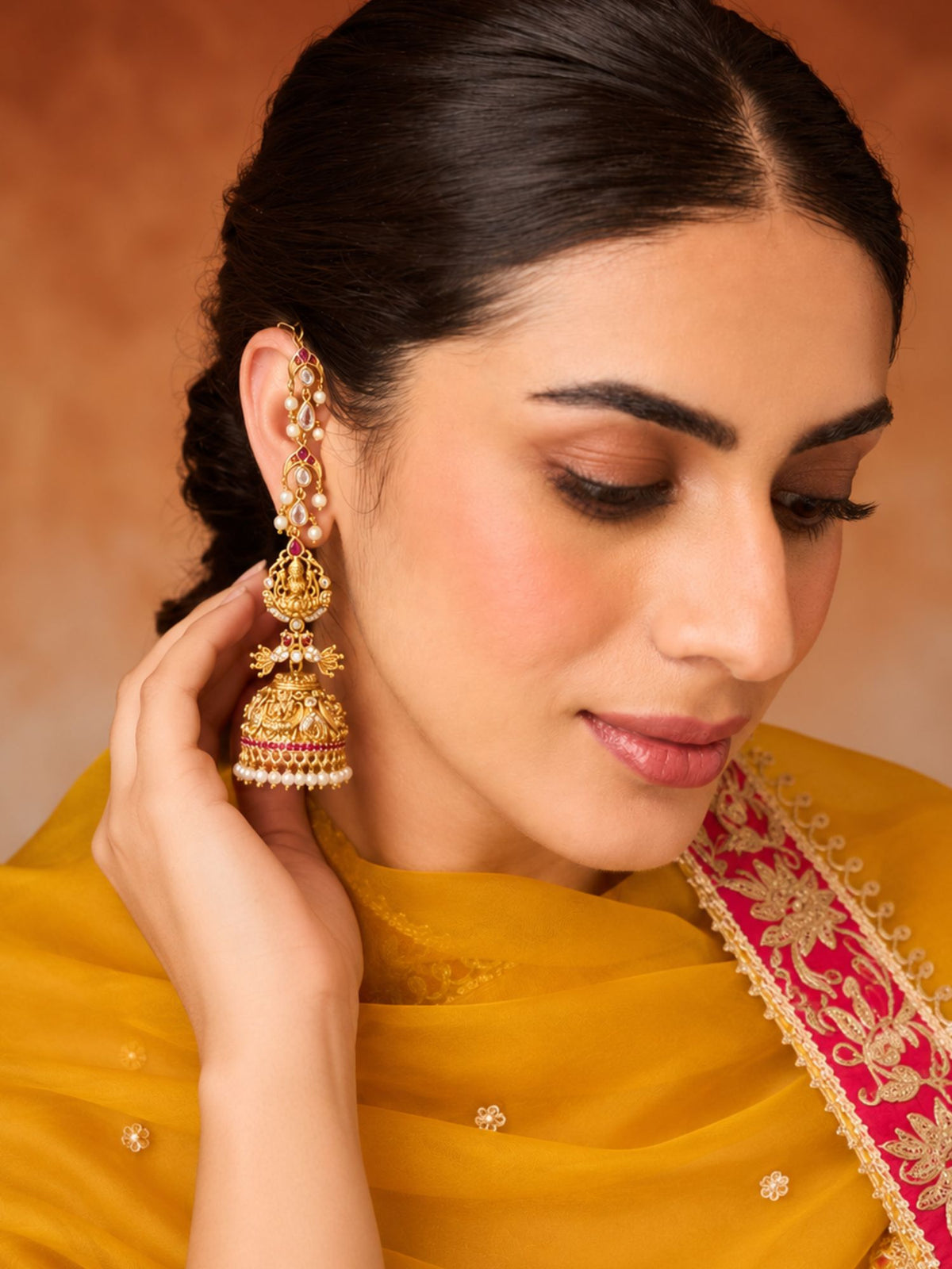 Traditional Lakshmi Temple Kaan Chain Jhumka Earrings