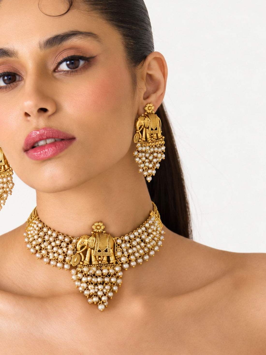 Antique Gold Plated Elephant Pearl Statement Necklace Set with Earrings for Women