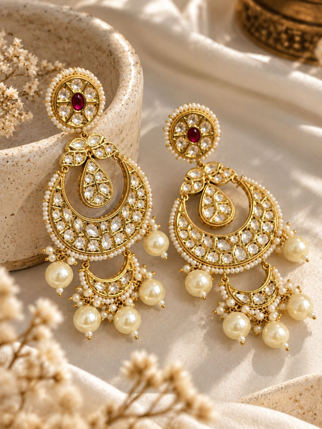 Kundan Polki Pearl Chandbali Earrings Gold Plated | Abdesigns