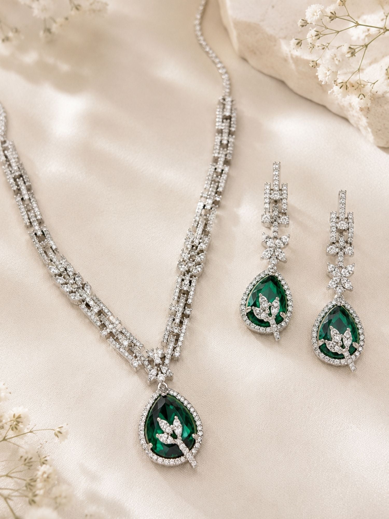 Silver Tone Floral Ruby Necklace Set Elegant Glam | Abdesigns