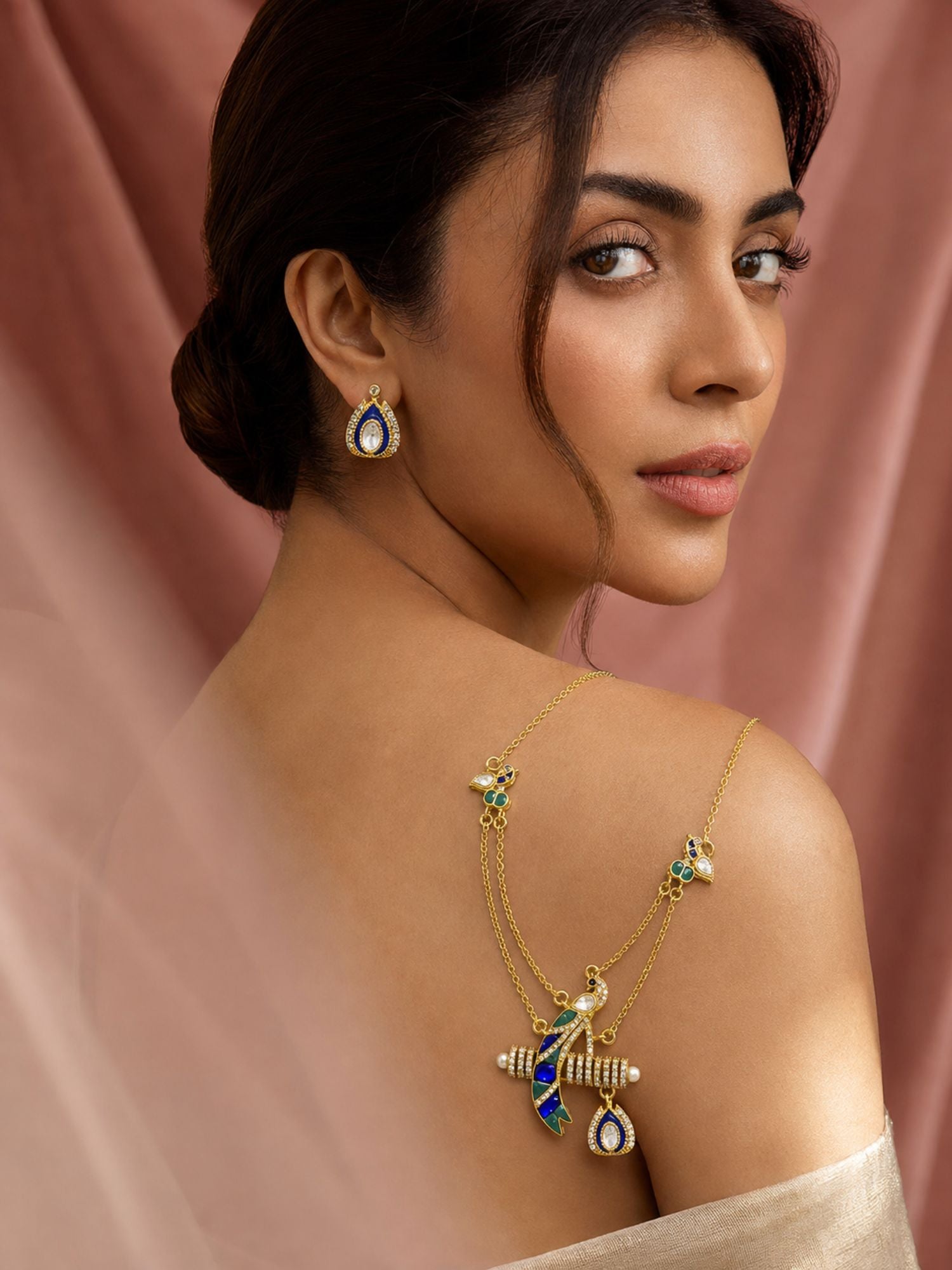 Peacock Kundan Meenakari Pendant Necklace Set for Women