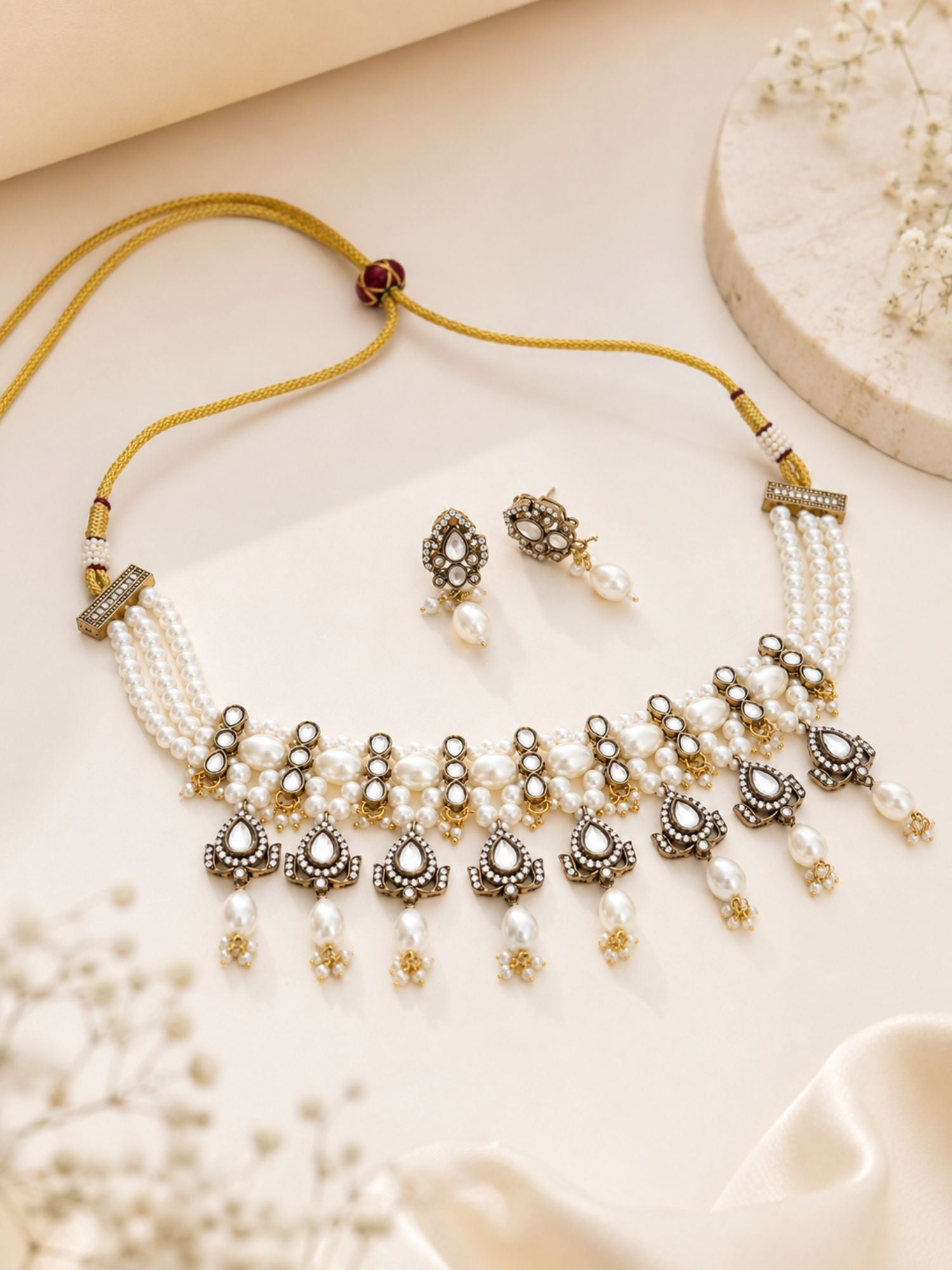 Pearl Kundan Choker Set in Antique Oxidsed Gold – Bridal | Abdesigns