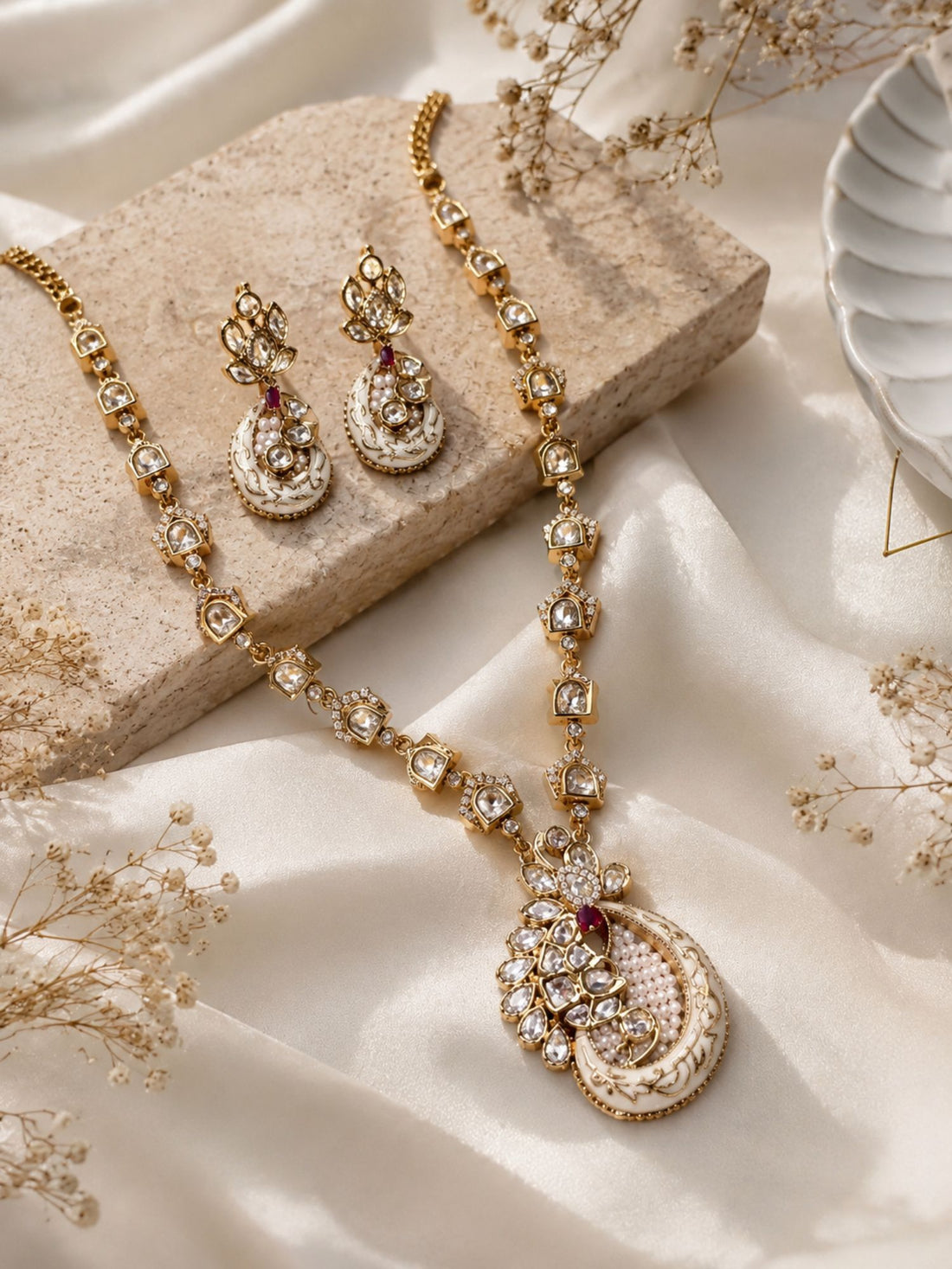 White Kundan Pendant Necklace Set in Gold Plating | Abdesigns
