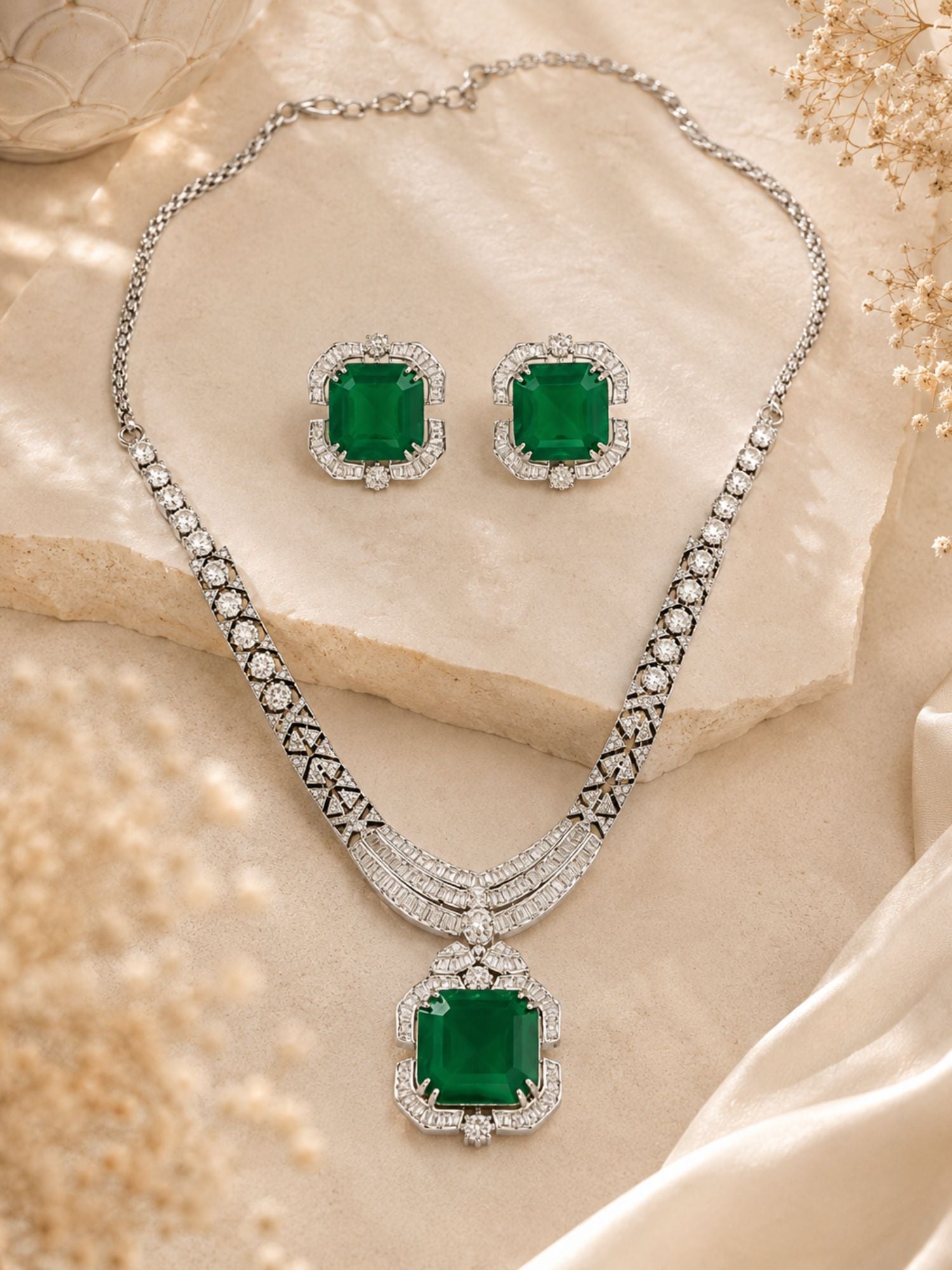 Emerald Green CZ Necklace Set in Silver Plating – Party | Abdesigns