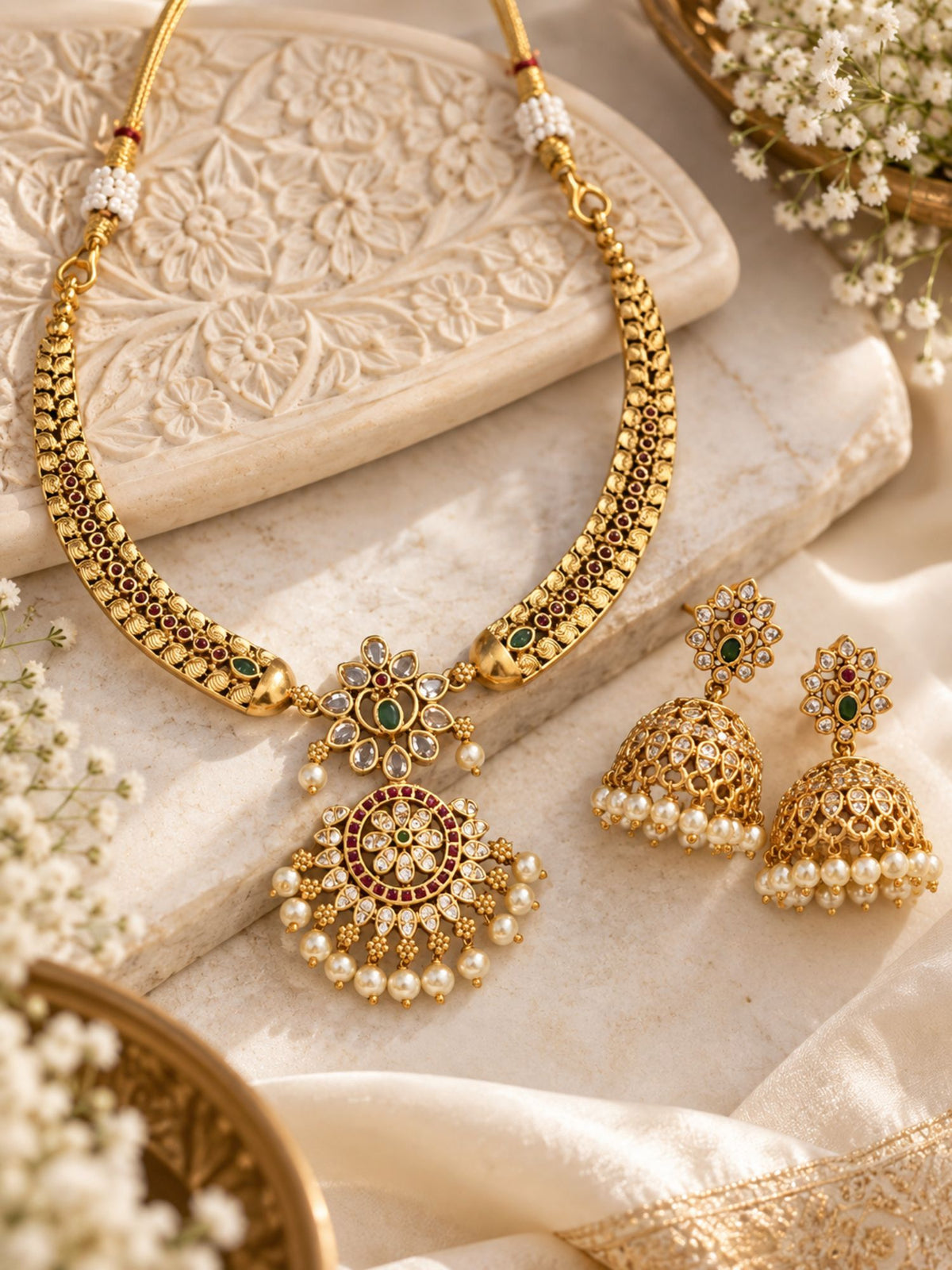 Gold Plated Kundan Polki Floral Pendant Necklace Set | Abdesigns