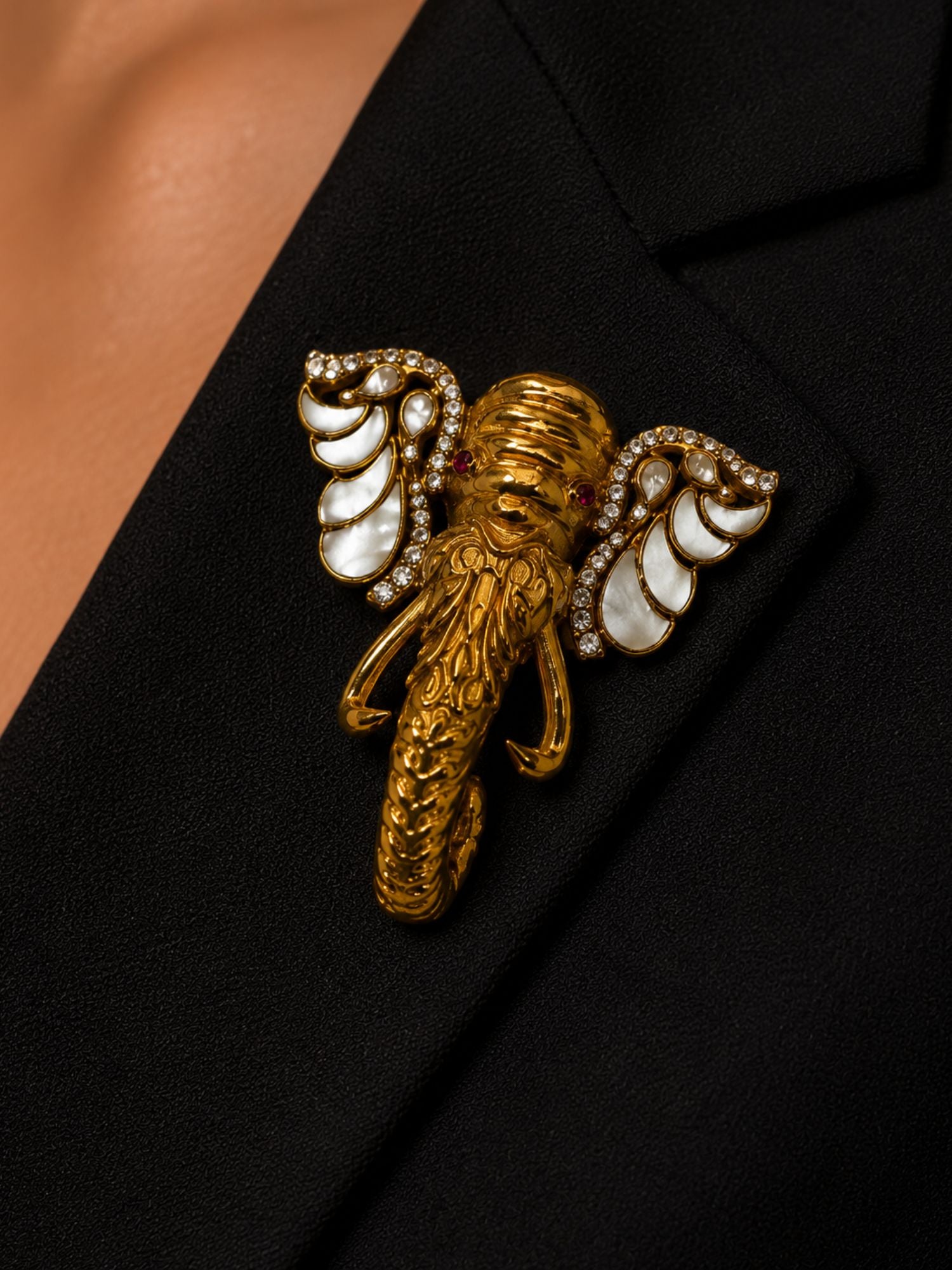Unisex Gold Plated Elephant Mother Pearl Brooch with Kundan Stones | Abdesigns Jewellery