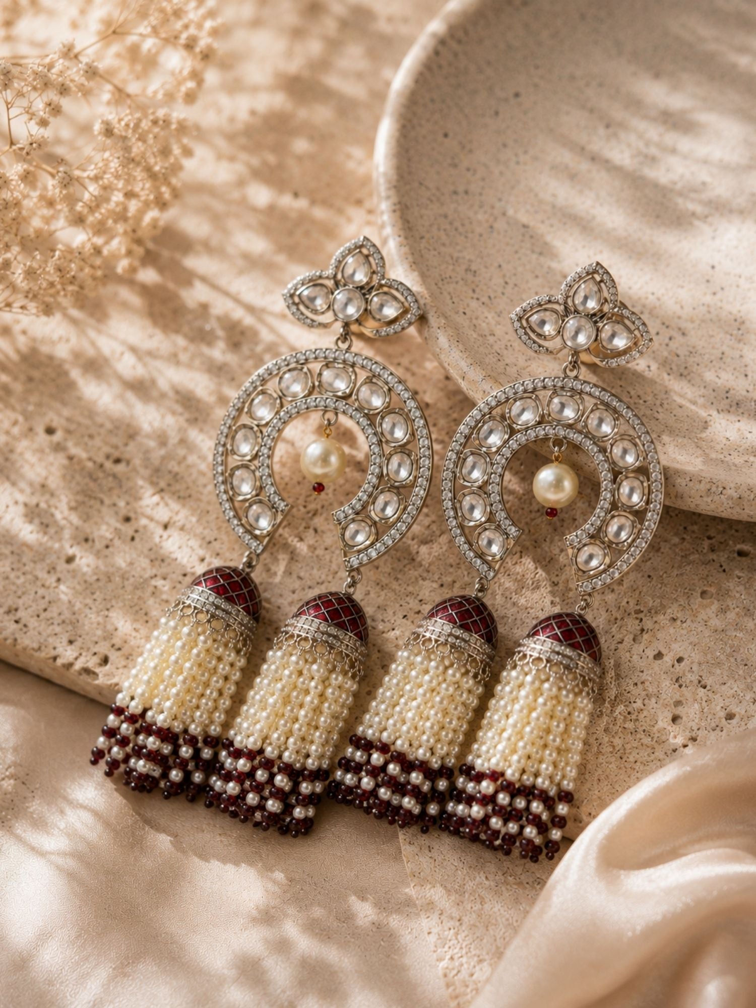 Royal Pearl Tassel Earrings in Silver Finish – Wedding Wear | Abdesigns Jewellery