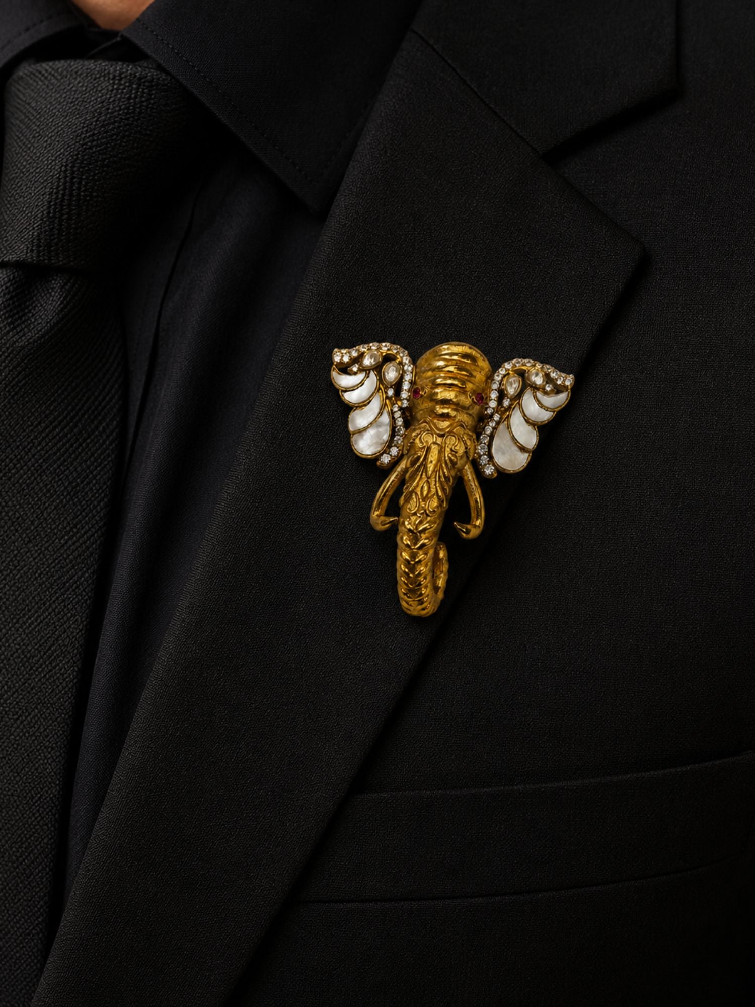 Unisex Gold Plated Elephant Mother Pearl Brooch with Kundan Stones | Abdesigns Jewellery