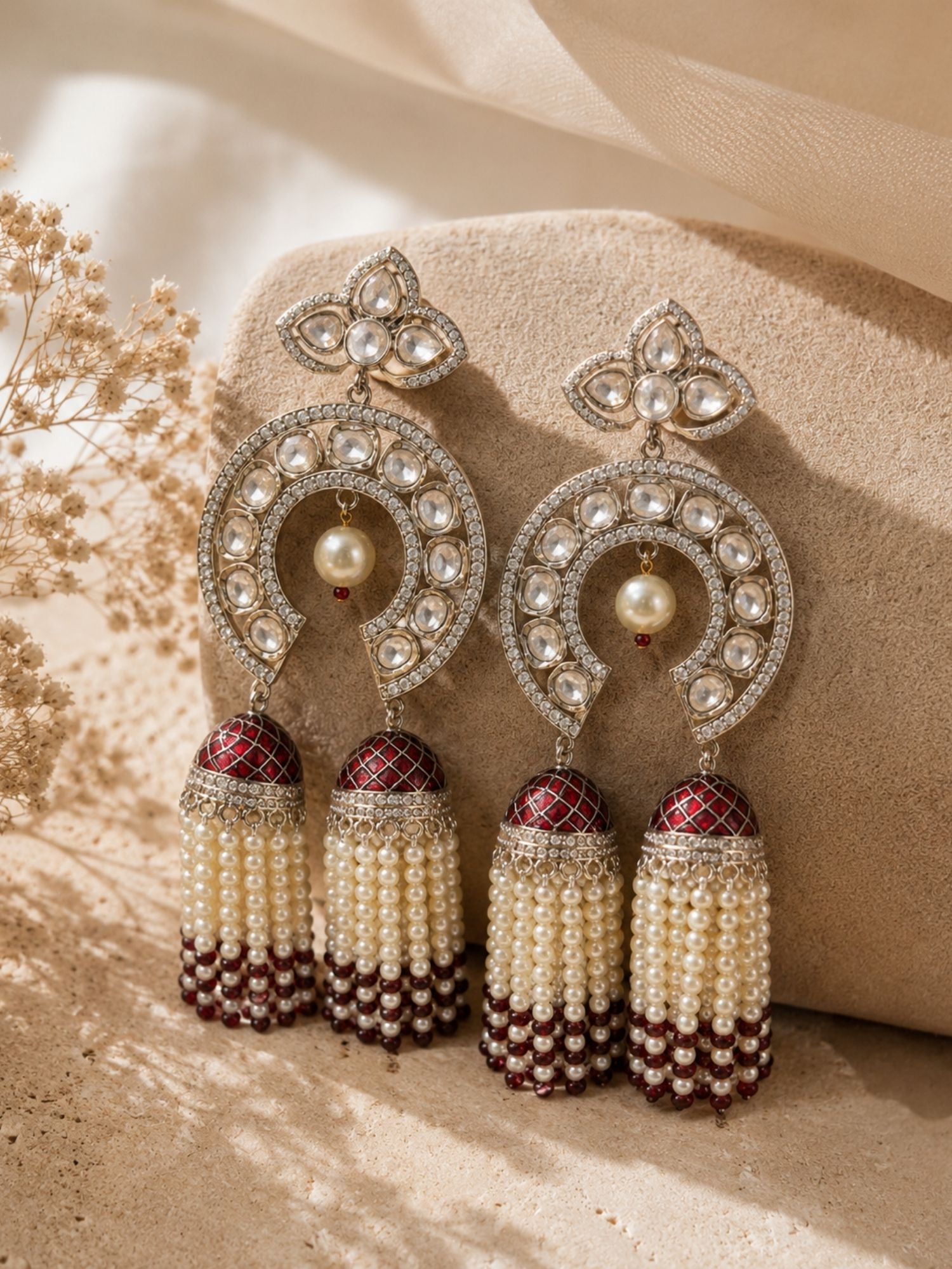 Royal Pearl Tassel Earrings in Silver Finish – Wedding Wear | Abdesigns Jewellery