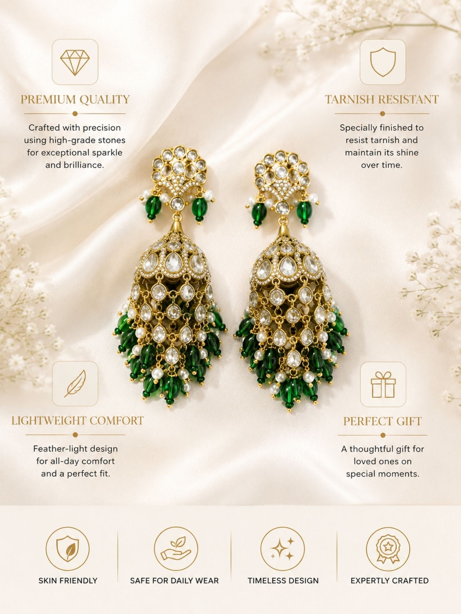 Oxidsed Gold Plated Polki Jhumka Bridal Ear Chain Earrings | Abdesigns Jewellery