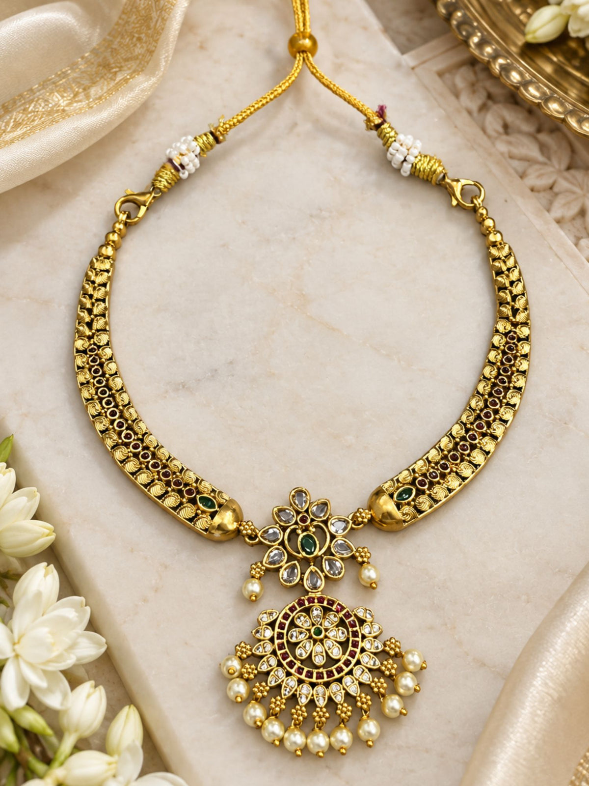 Gold Plated Kundan Polki Floral Pendant Necklace Set | Abdesigns