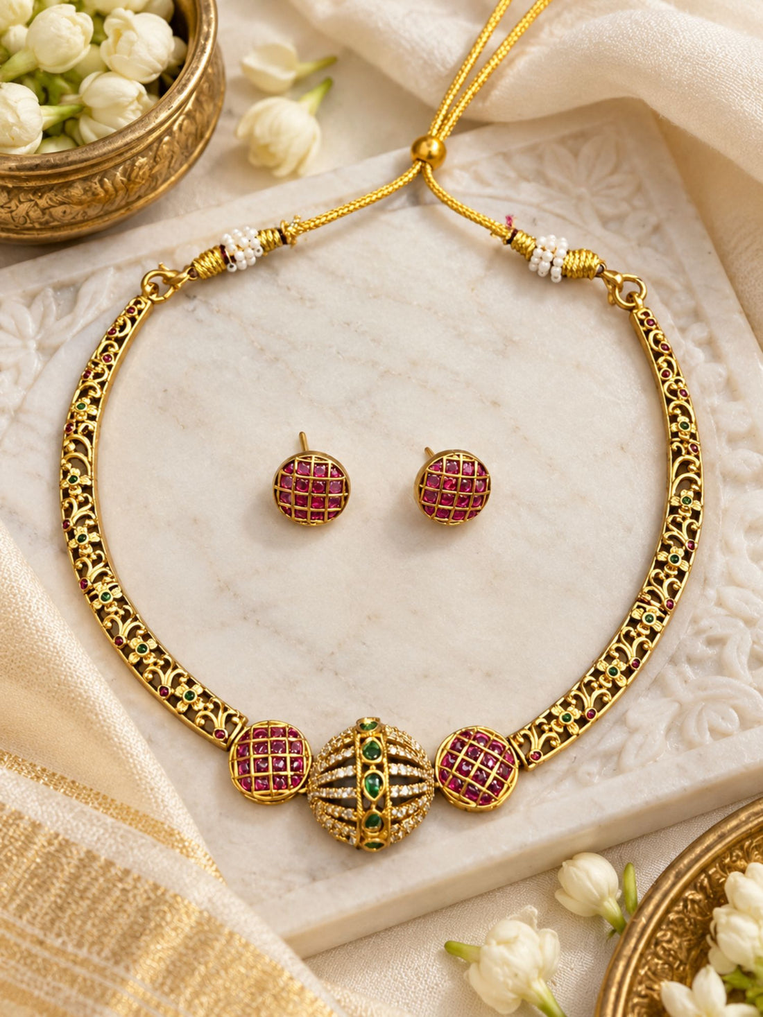 Gold Plated Ruby Green Kundan Necklace Set | Abdesigns Jewellery