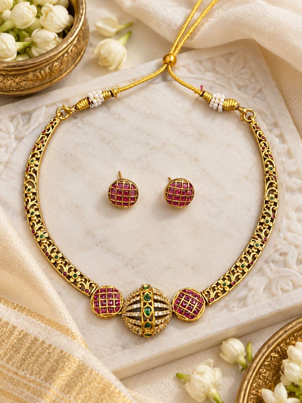 Gold Plated Ruby Green Kundan Necklace Set | Abdesigns Jewellery
