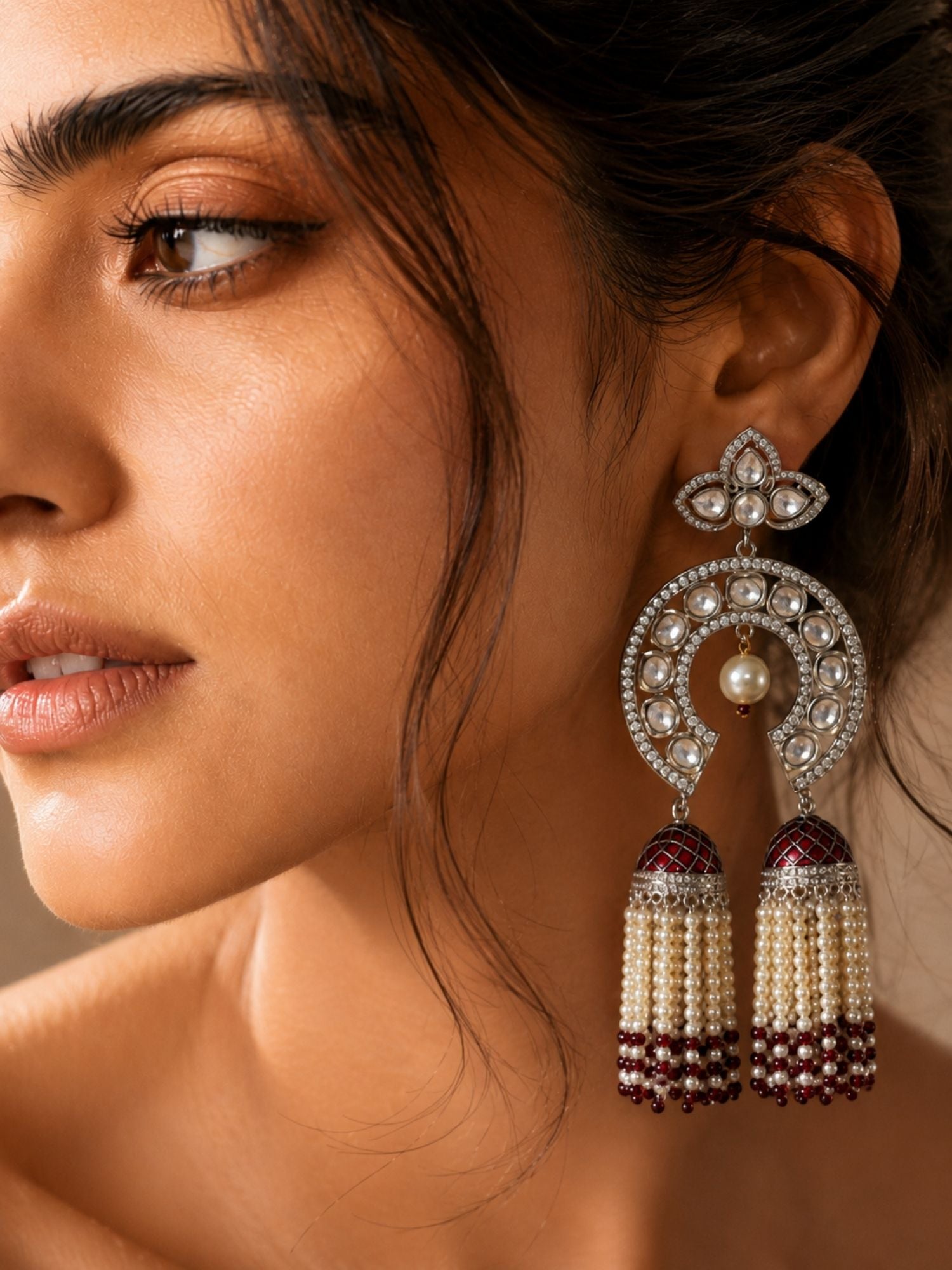 Royal Pearl Tassel Earrings in Silver Finish – Wedding Wear | Abdesigns Jewellery