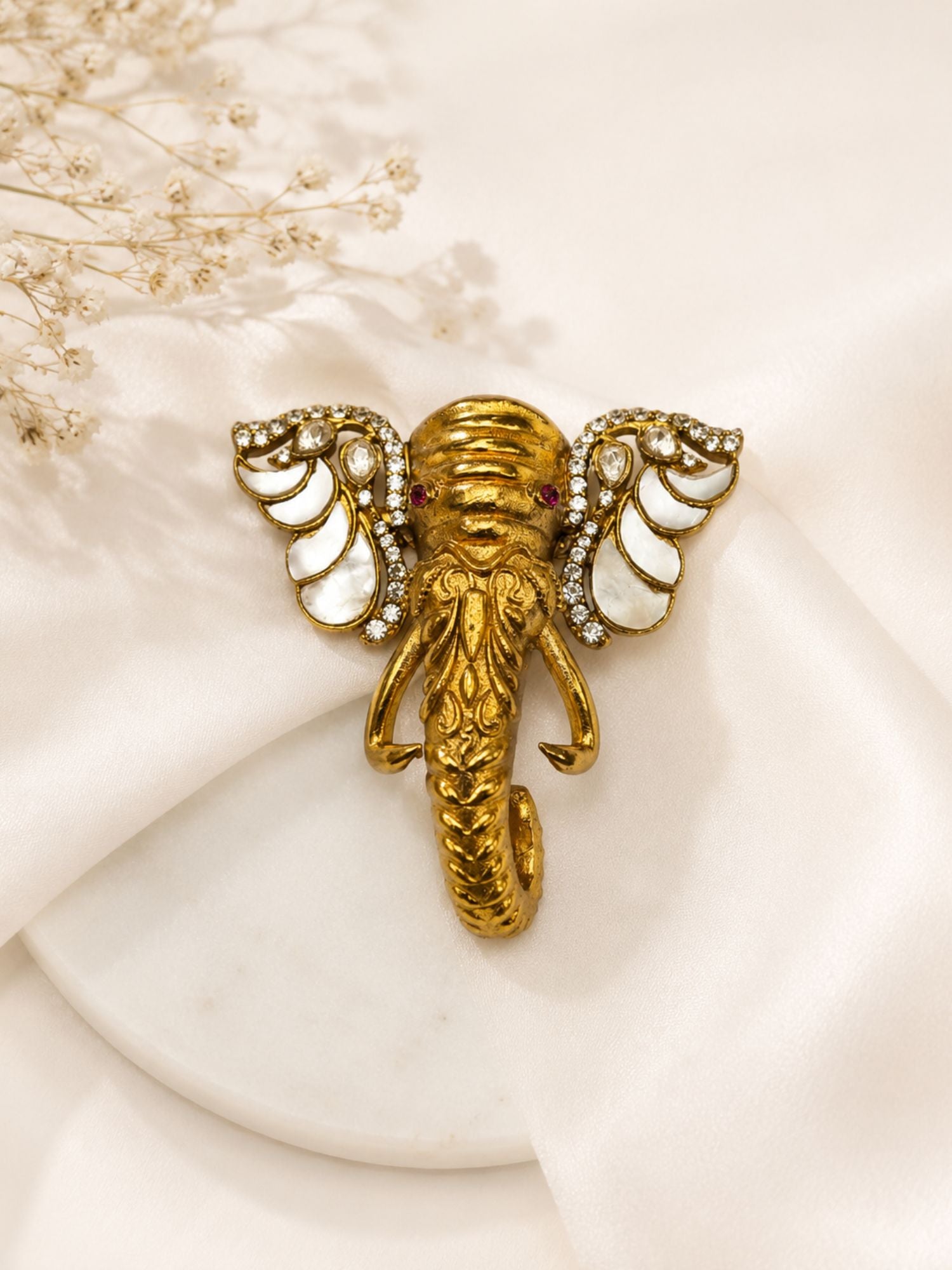 Unisex Gold Plated Elephant Mother Pearl Brooch with Kundan Stones | Abdesigns Jewellery