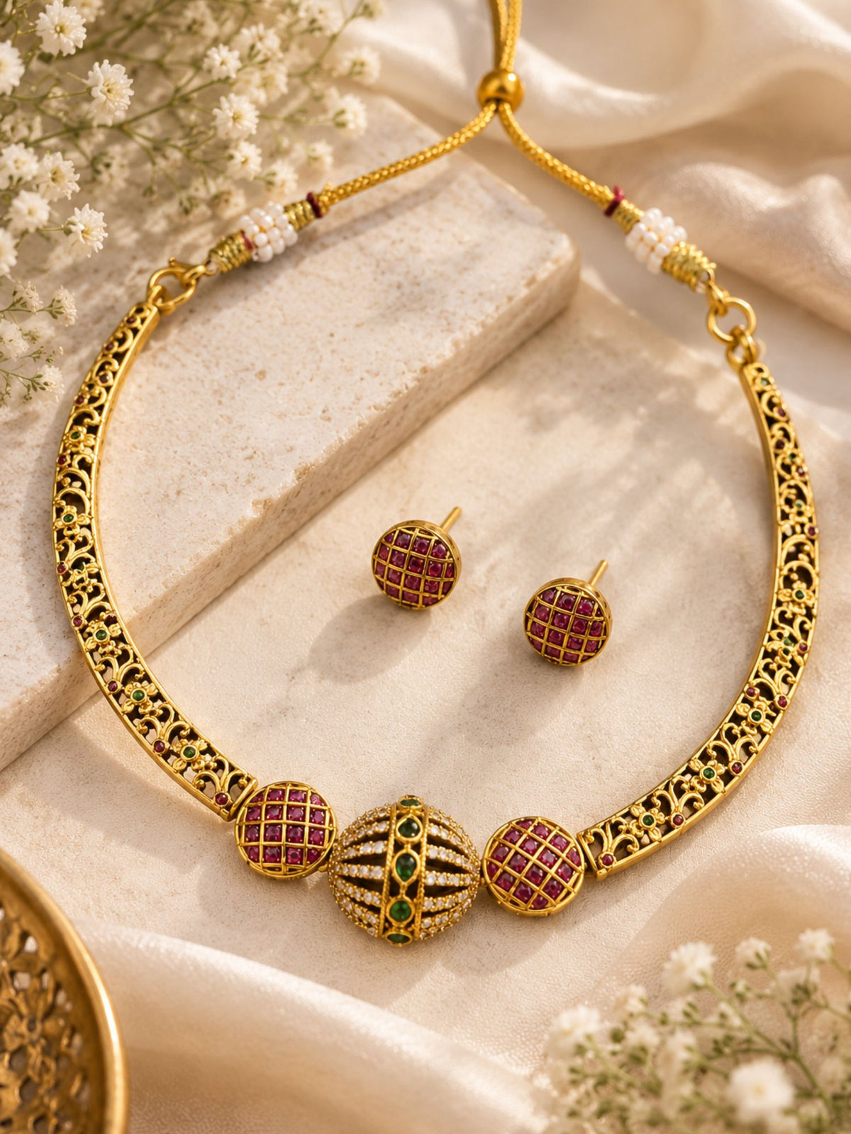 Gold Plated Ruby Green Kundan Necklace Set | Abdesigns Jewellery