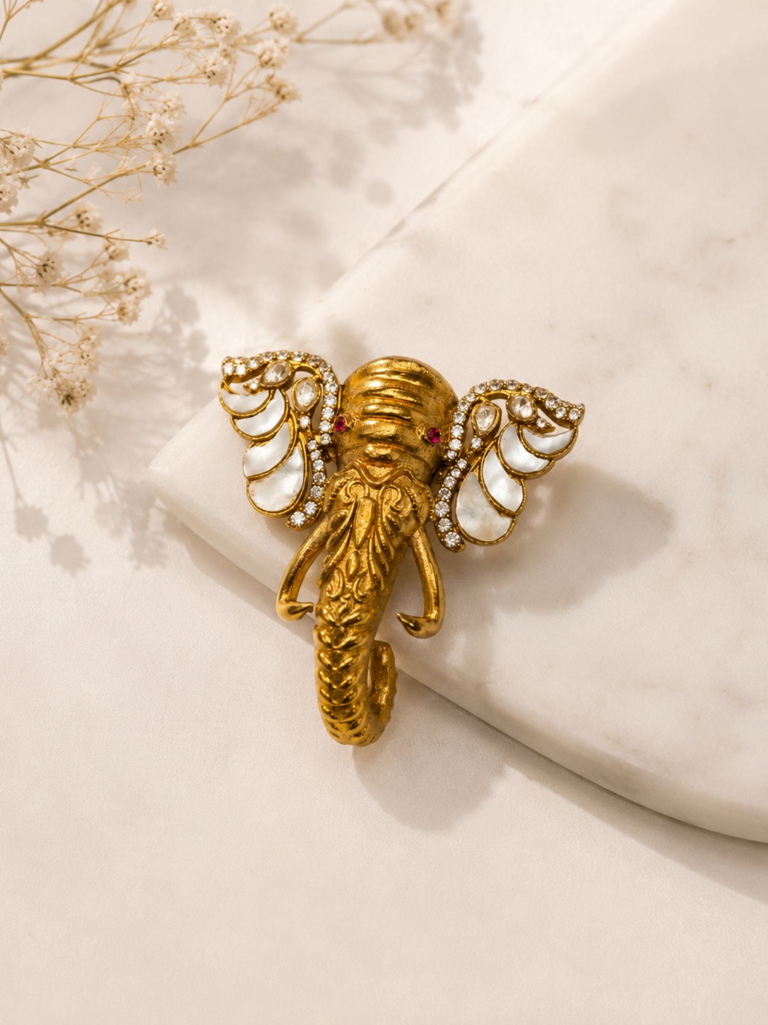 Unisex Gold Plated Elephant Mother Pearl Brooch with Kundan Stones | Abdesigns Jewellery