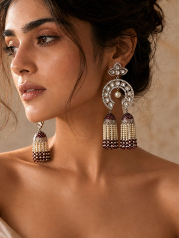 Royal Pearl Tassel Earrings in Silver Finish – Wedding Wear | Abdesigns Jewellery