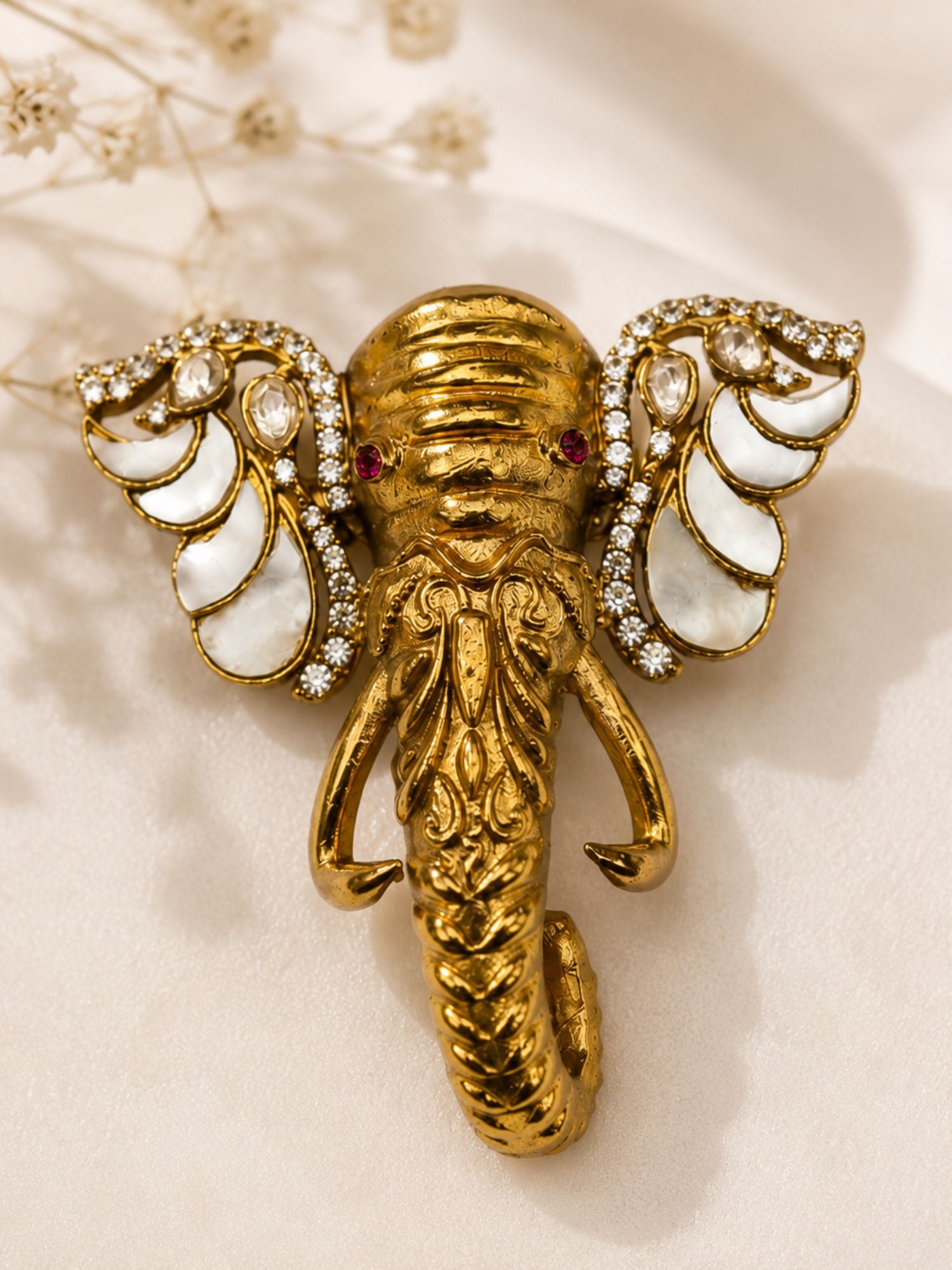 Unisex Gold Plated Elephant Mother Pearl Brooch with Kundan Stones | Abdesigns Jewellery
