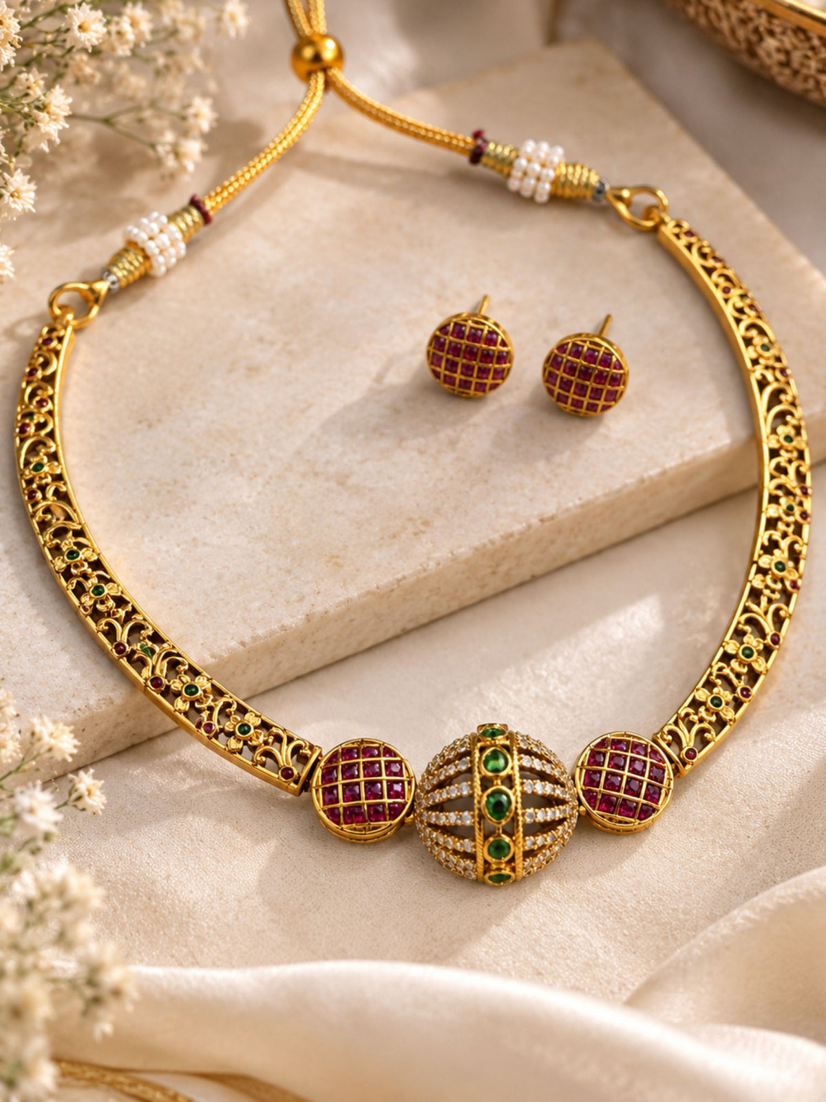 Gold Plated Ruby Green Kundan Necklace Set | Abdesigns Jewellery