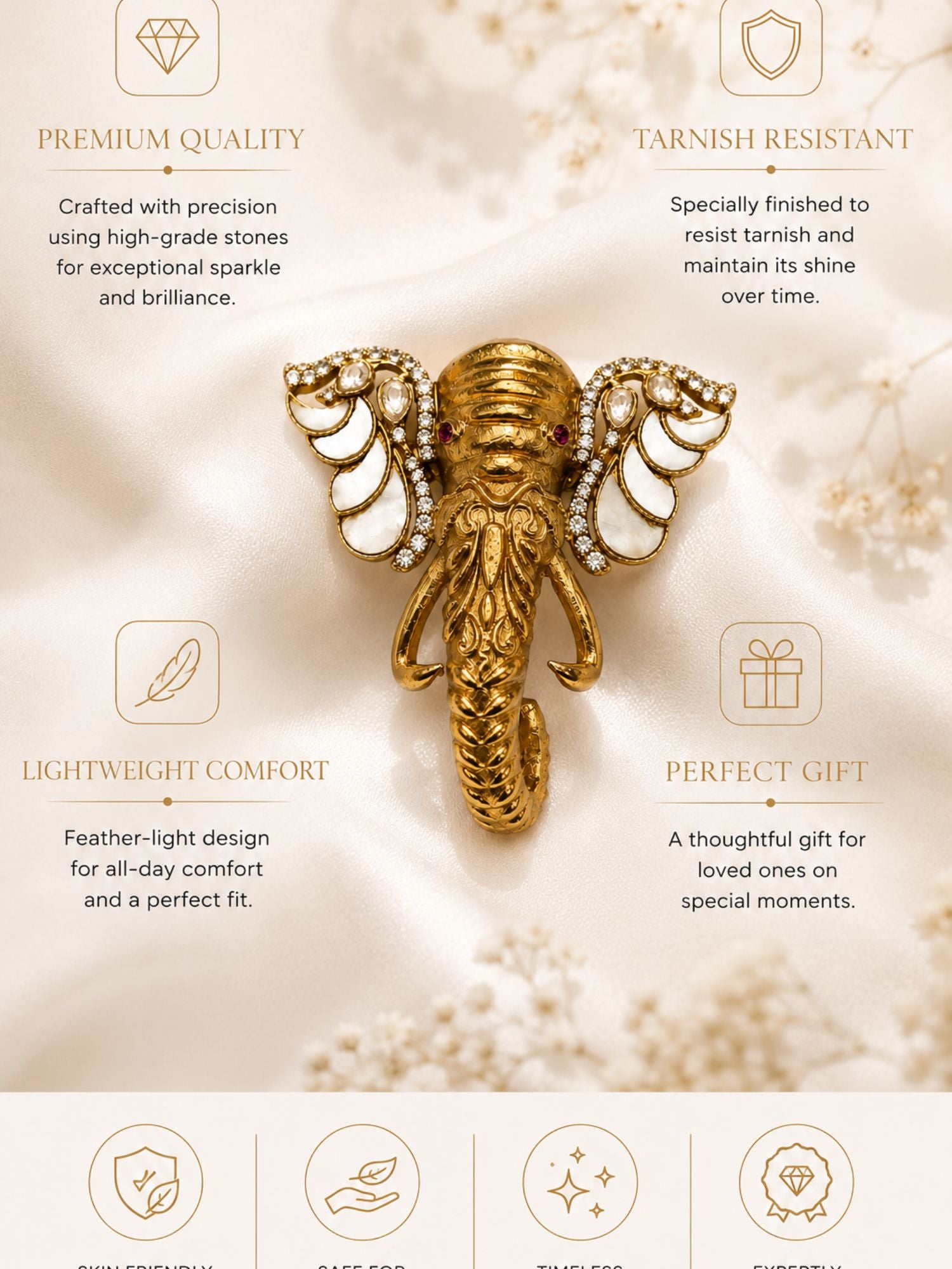 Unisex Gold Plated Elephant Mother Pearl Brooch with Kundan Stones | Abdesigns Jewellery