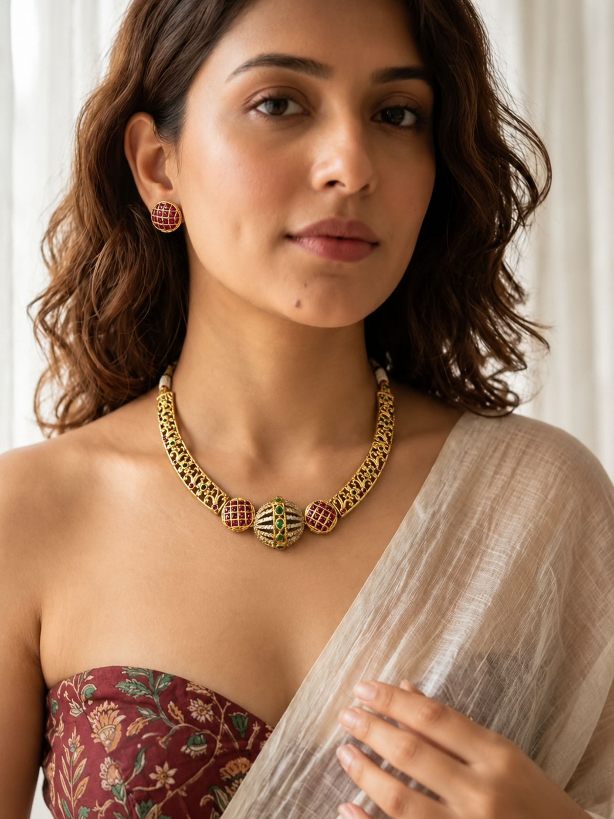 Gold Plated Ruby Green Kundan Necklace Set | Abdesigns Jewellery