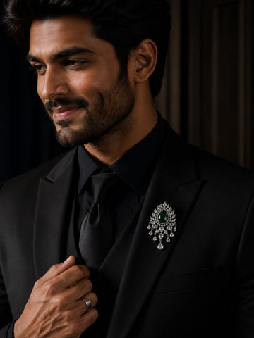 Unisex Emerald Green Stone AD Brooch Pin Silver Plated Statement | Abdesigns Jewellery