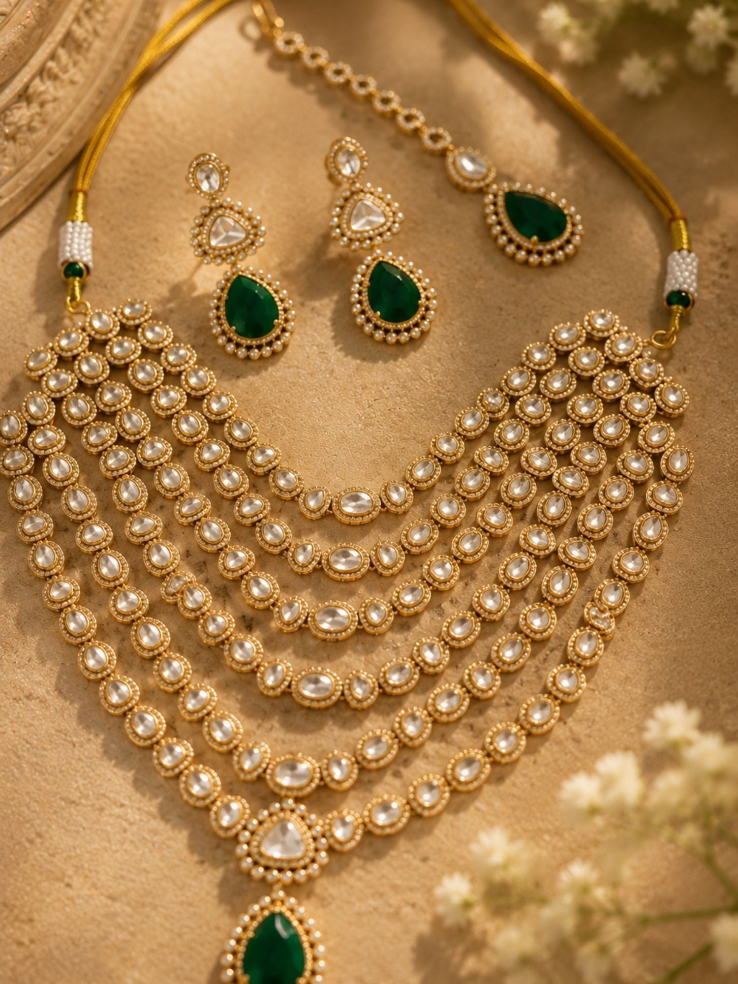 Emerald Green Kundan Layered Necklace Set | Abdesigns