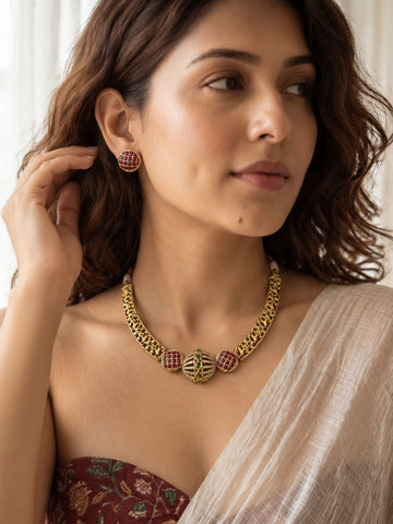 Gold Plated Ruby Green Kundan Necklace Set | Abdesigns Jewellery