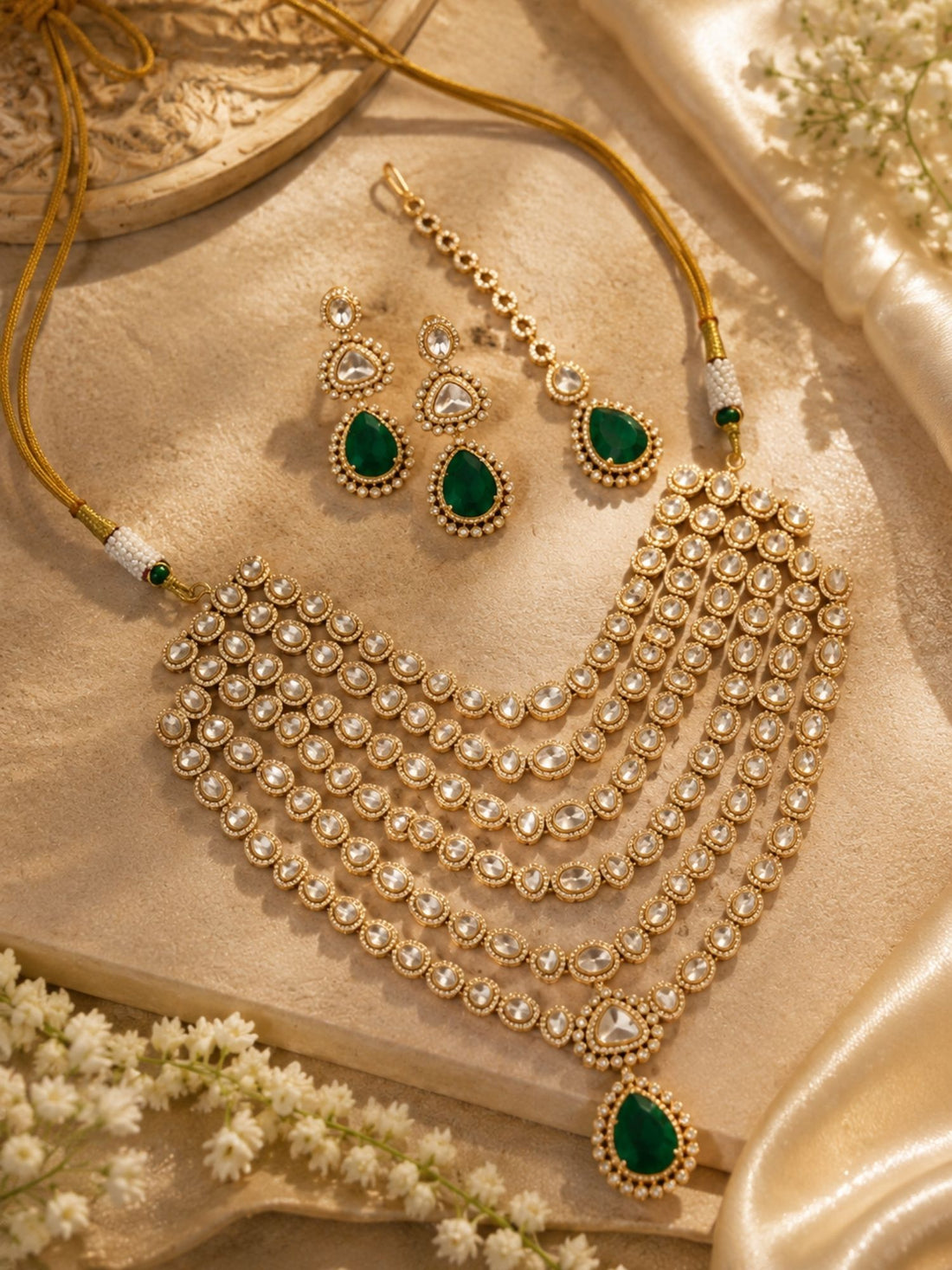 Emerald Green Kundan Layered Necklace Set | Abdesigns
