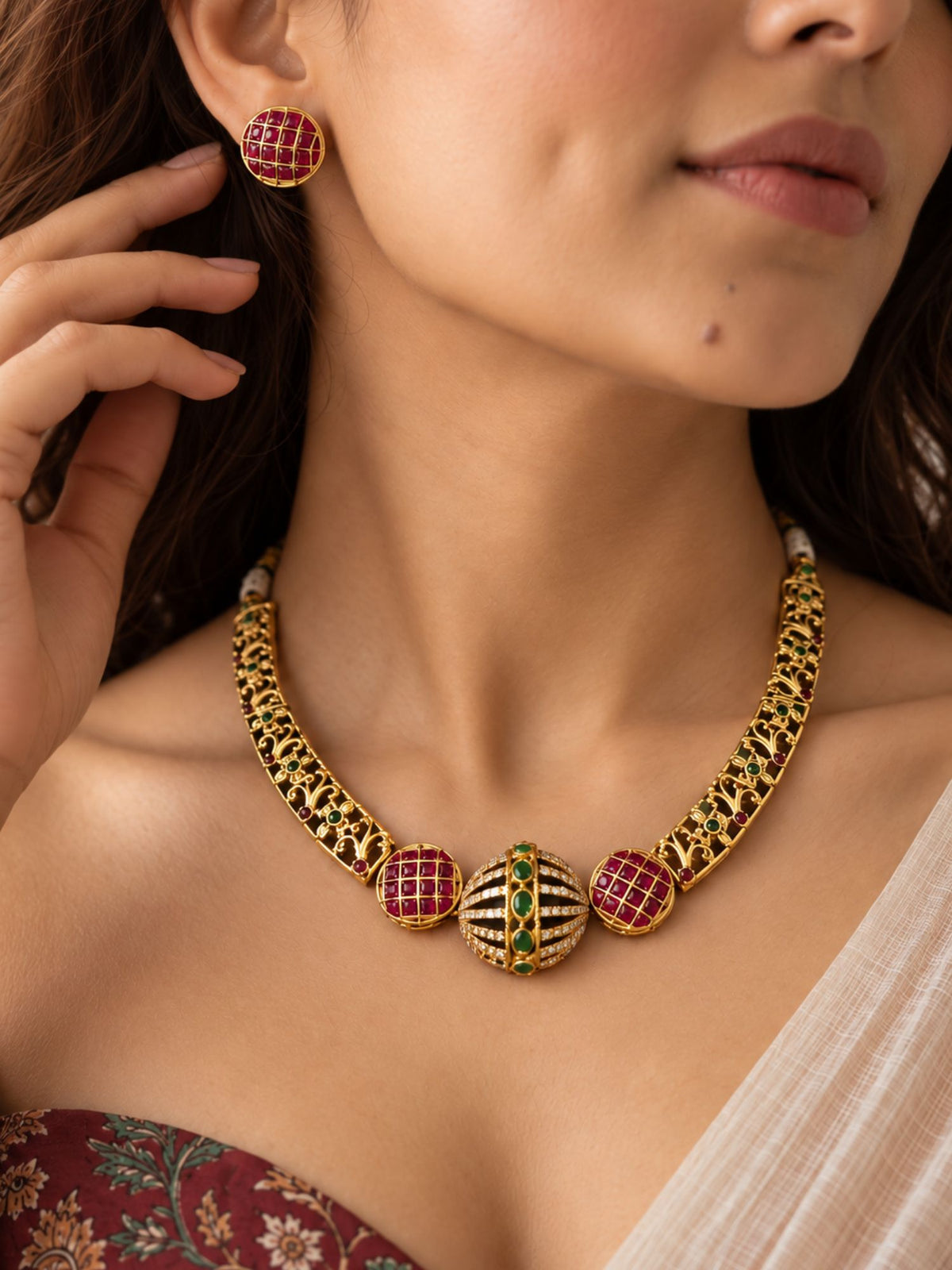 Gold Plated Ruby Green Kundan Necklace Set | Abdesigns Jewellery