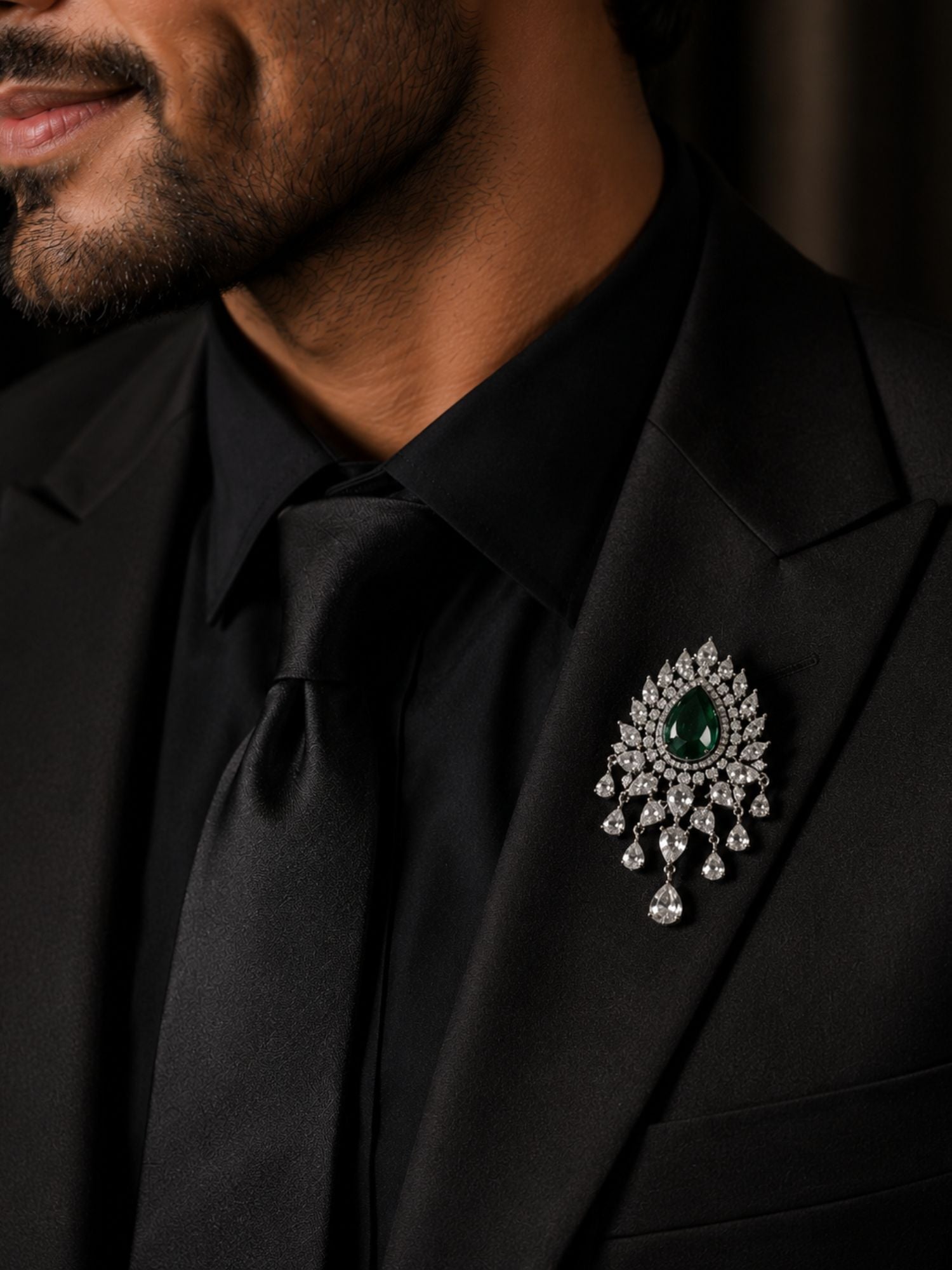 Unisex Emerald Green Stone AD Brooch Pin Silver Plated Statement | Abdesigns Jewellery
