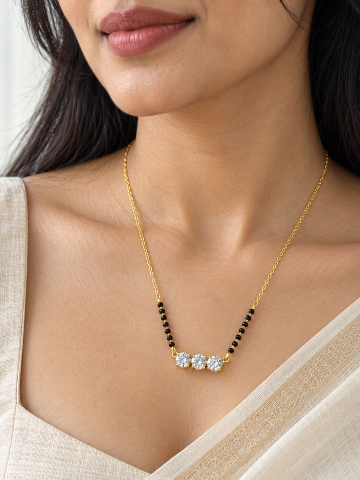 Set of 4 Gold Plated AD Stone Black Bead Mangalsutra Necklaces with Earrings for Women