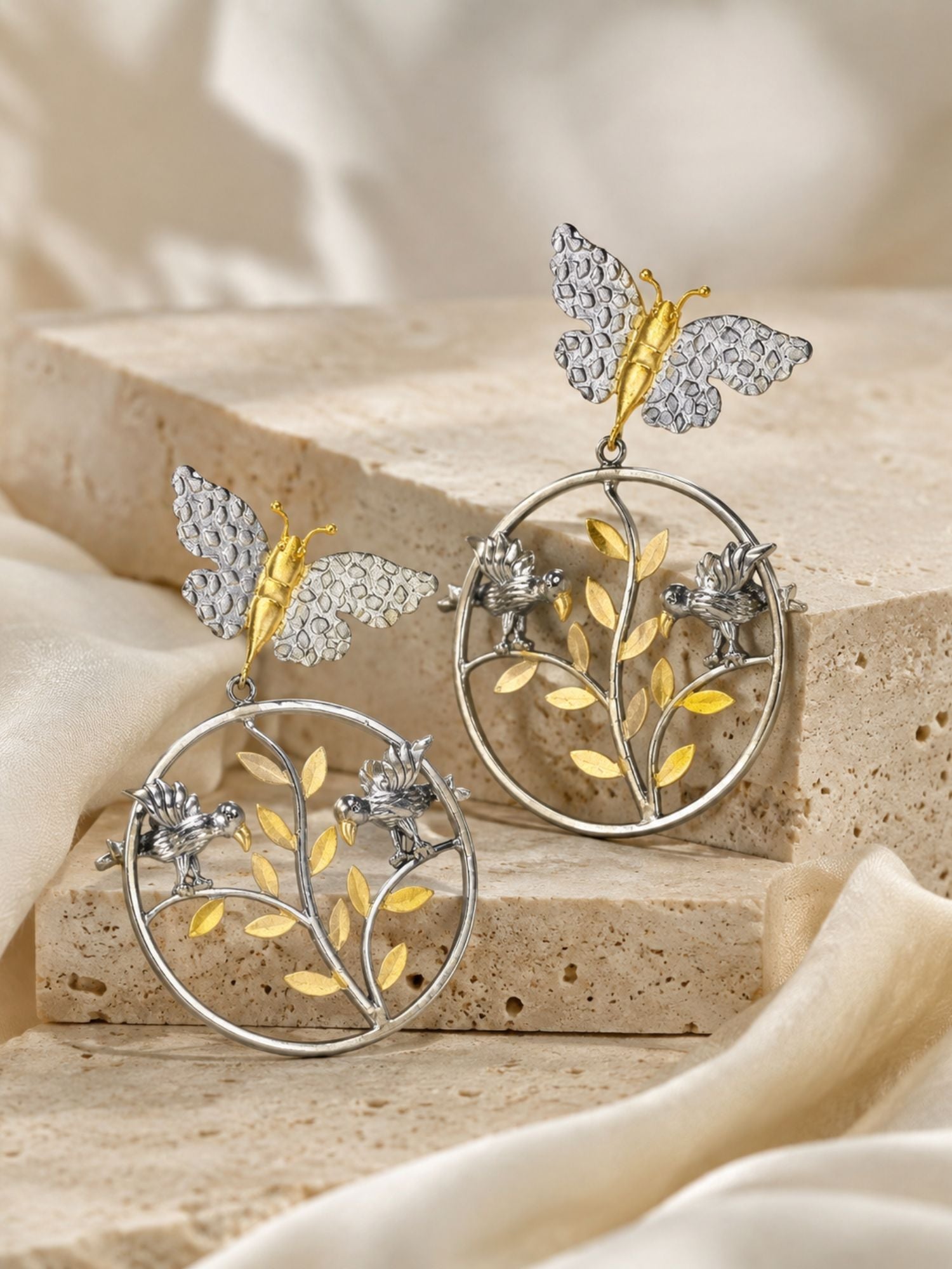 Dual Tone Butterfly Bird Statement Earrings for Women