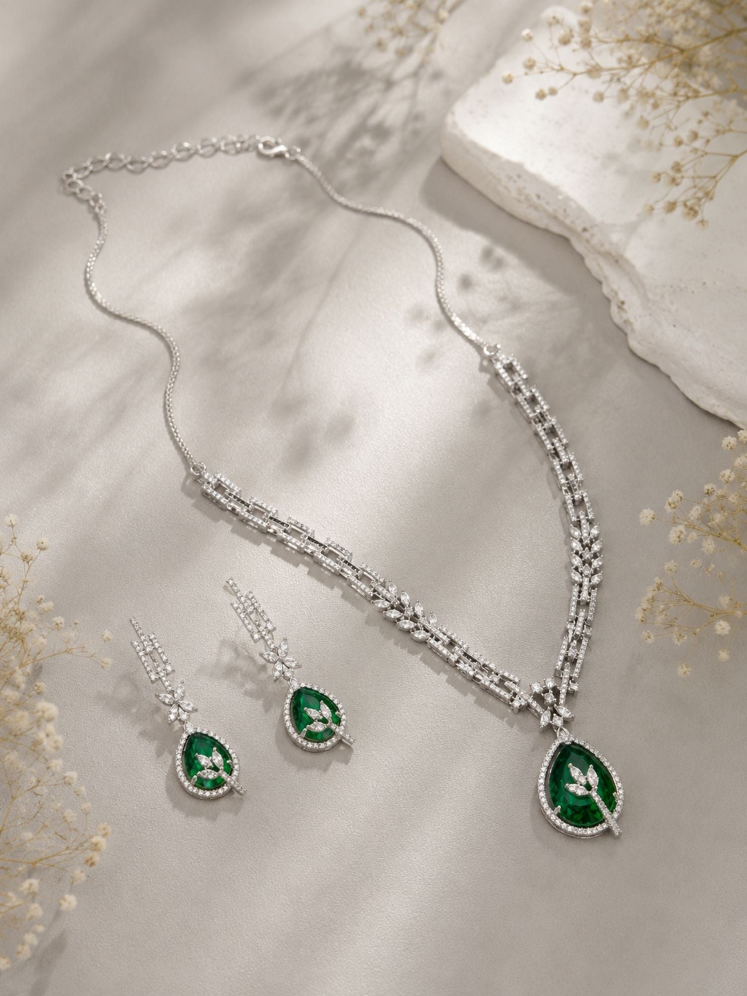 Silver Tone Floral Ruby Necklace Set Elegant Glam | Abdesigns