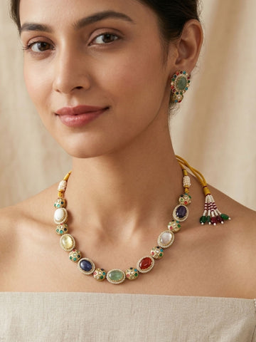 Abdesigns Navratna Kundan Necklace Set with Earrings