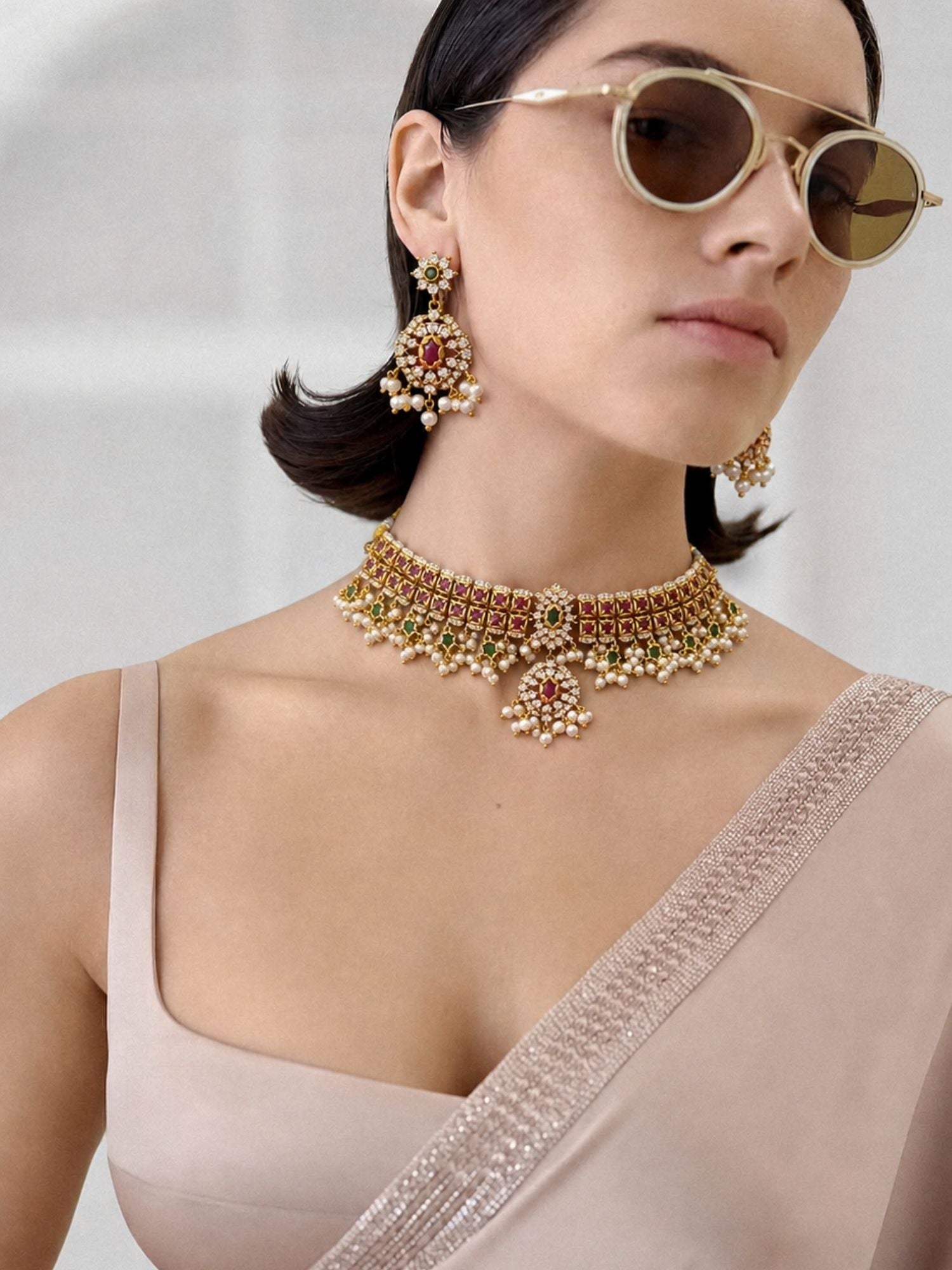 Antique Gold Plated Pink & Green Kundan Pearl Choker Necklace Set with Earrings