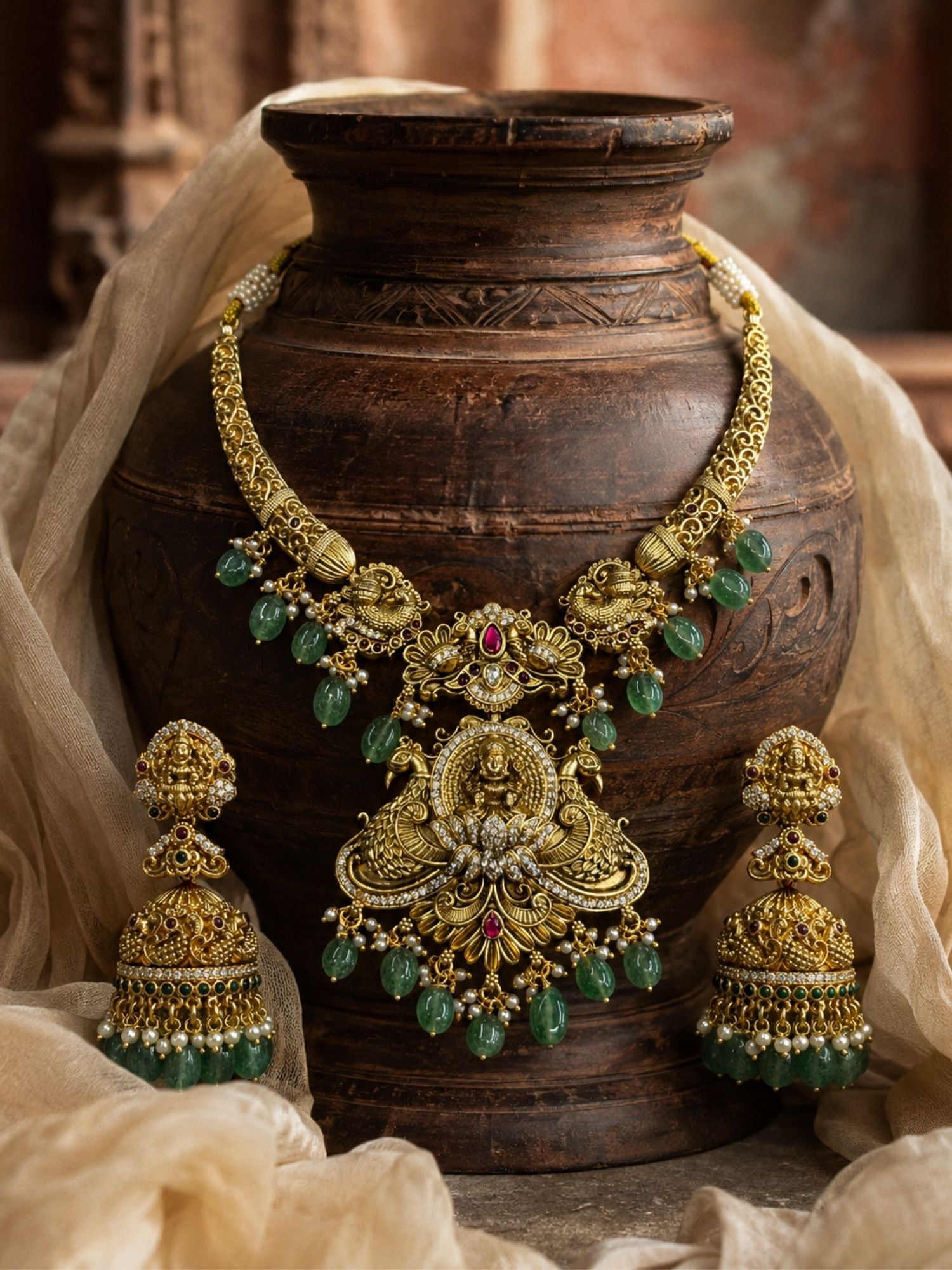 Abdesigns Temple Heritage Gold Necklace Set with Green Bead Drops