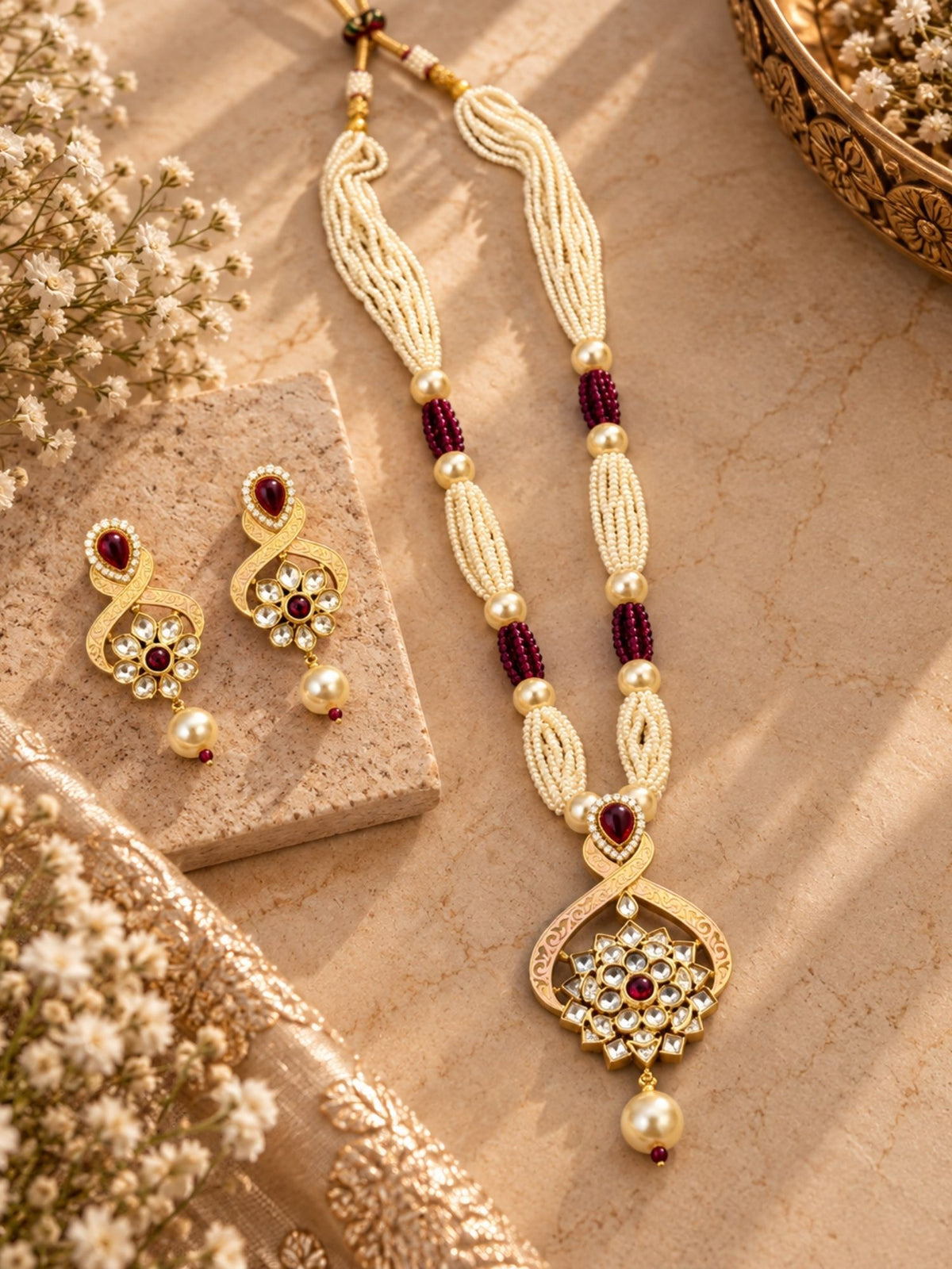 Pastel Kundan Pearl Floral Mala Set - Sky Blue, Pink, Cream