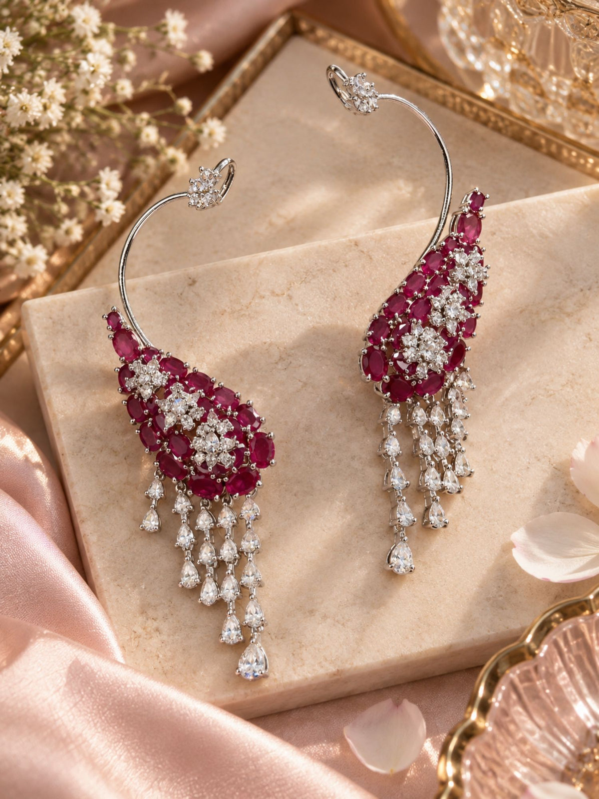 Silver Plated AD Stone Floral Statement Ear Cuff Earrings for Women