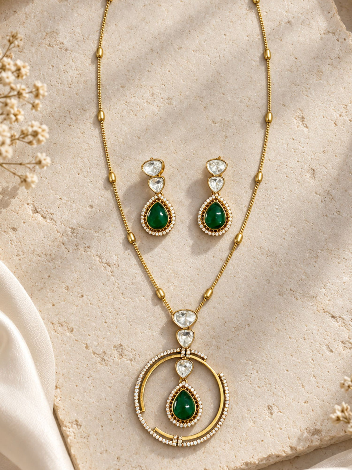 Gold Plated Kundan Green Stone Circular Pendant Necklace Set with Earrings for Women