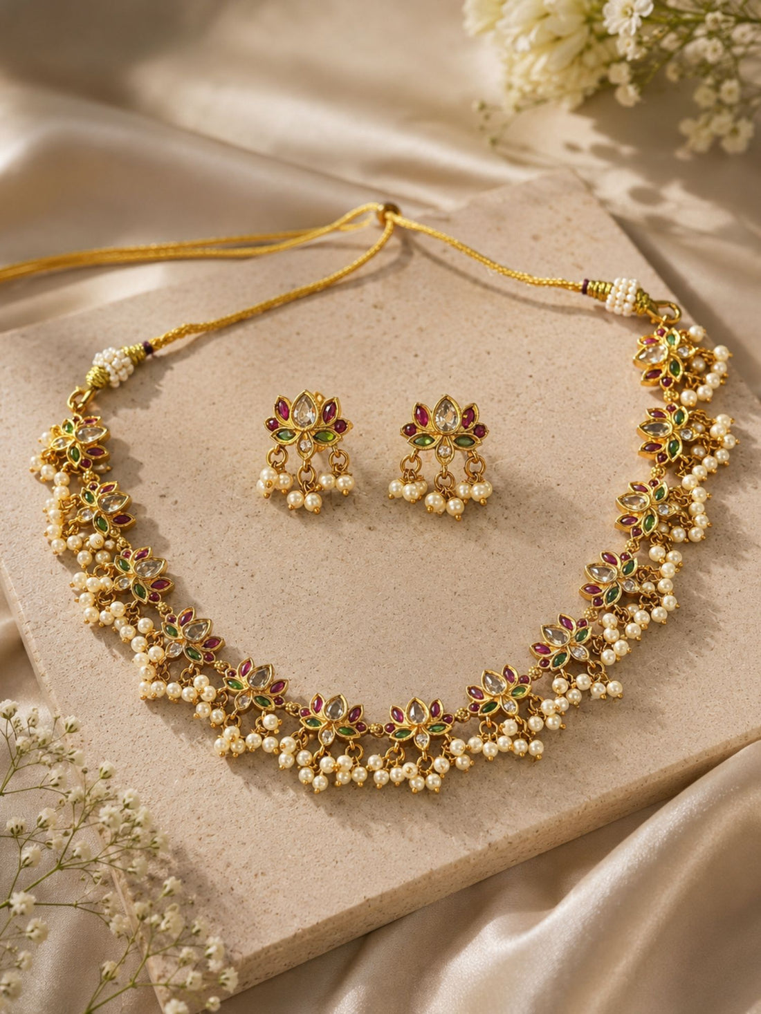 Abdesigns Gold Plated Kempstone Lotus Necklace Set