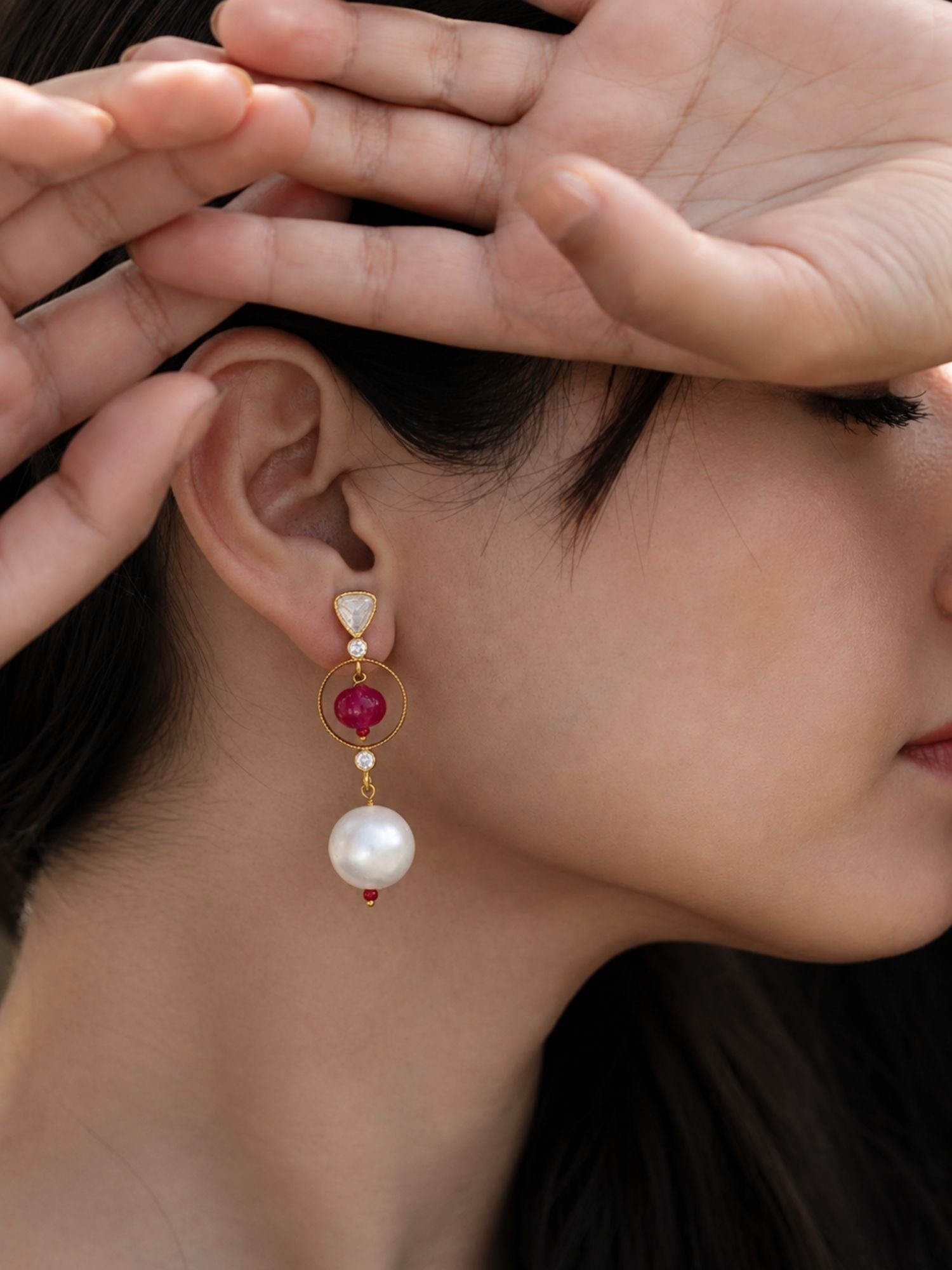 Gold Plated Kundan Pearl & Textured Statement Earrings Combo Set of 2 for Women