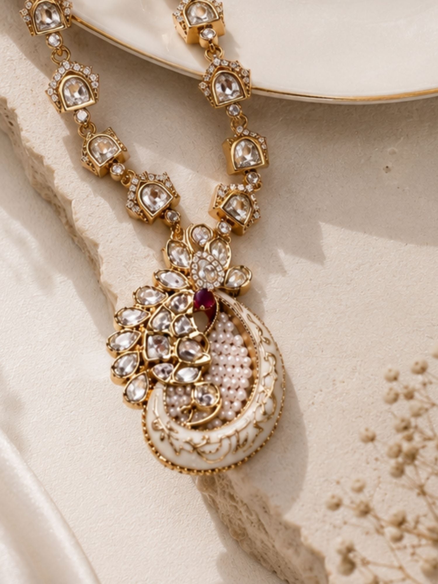White Kundan Pendant Necklace Set in Gold Plating | Abdesigns